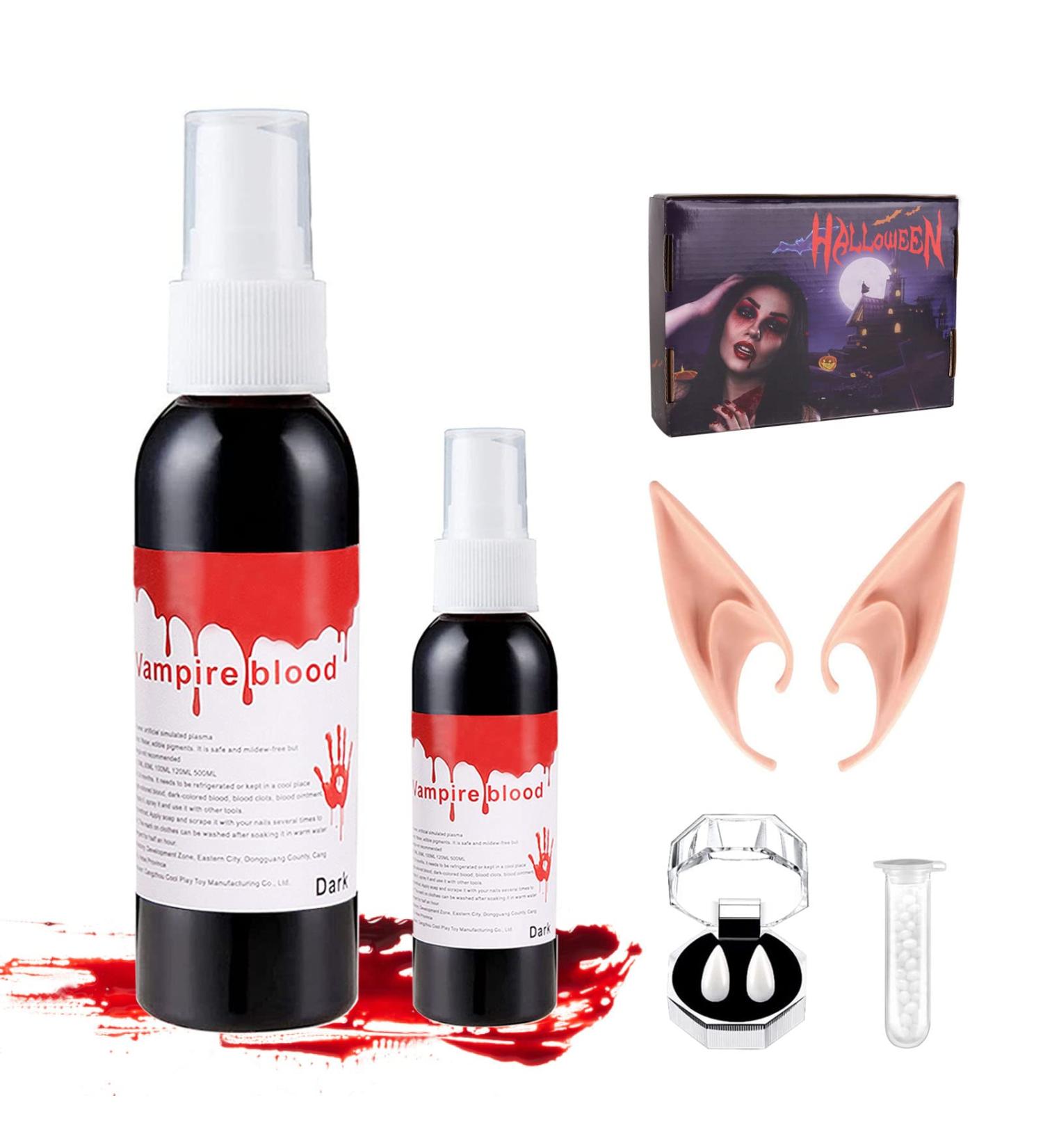 CAKKA Washable Fake Blood Spray 3oz - Halloween Costume Makeup Kit with Vampire Teeth, Fangs, Elf Ears - Blood Splatter for Clothes & Face Decoration - Buy Online on GoSupps.com