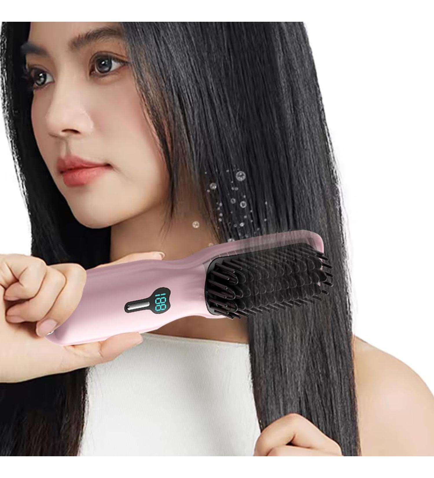 Portable Mini Wireless Hair Straightening Brush - Cordless Straightener Comb with 11 Temperature Settings Fast Heating & Anti-Scald - Lightweight & Travel-Friendly for All Hair Types - Pink - Buy Online on GoSupps.com