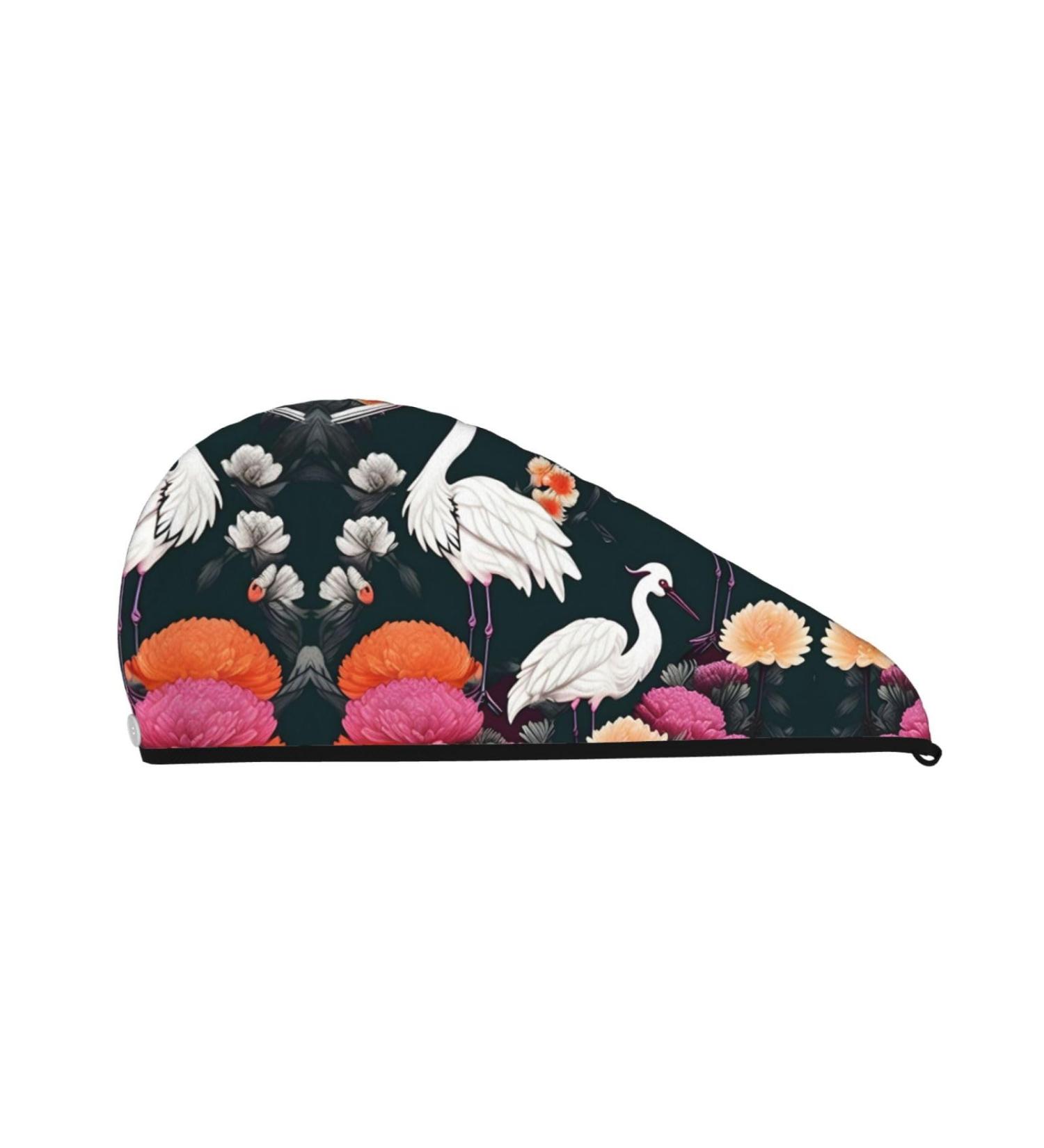 Two Cranes Chrysanthemum Coral Velvet Quick-Dry Hair Cap Perfect Hair Towel Wrap for Women & Men | Ideal for Travel & Home - Buy Online on GoSupps.com