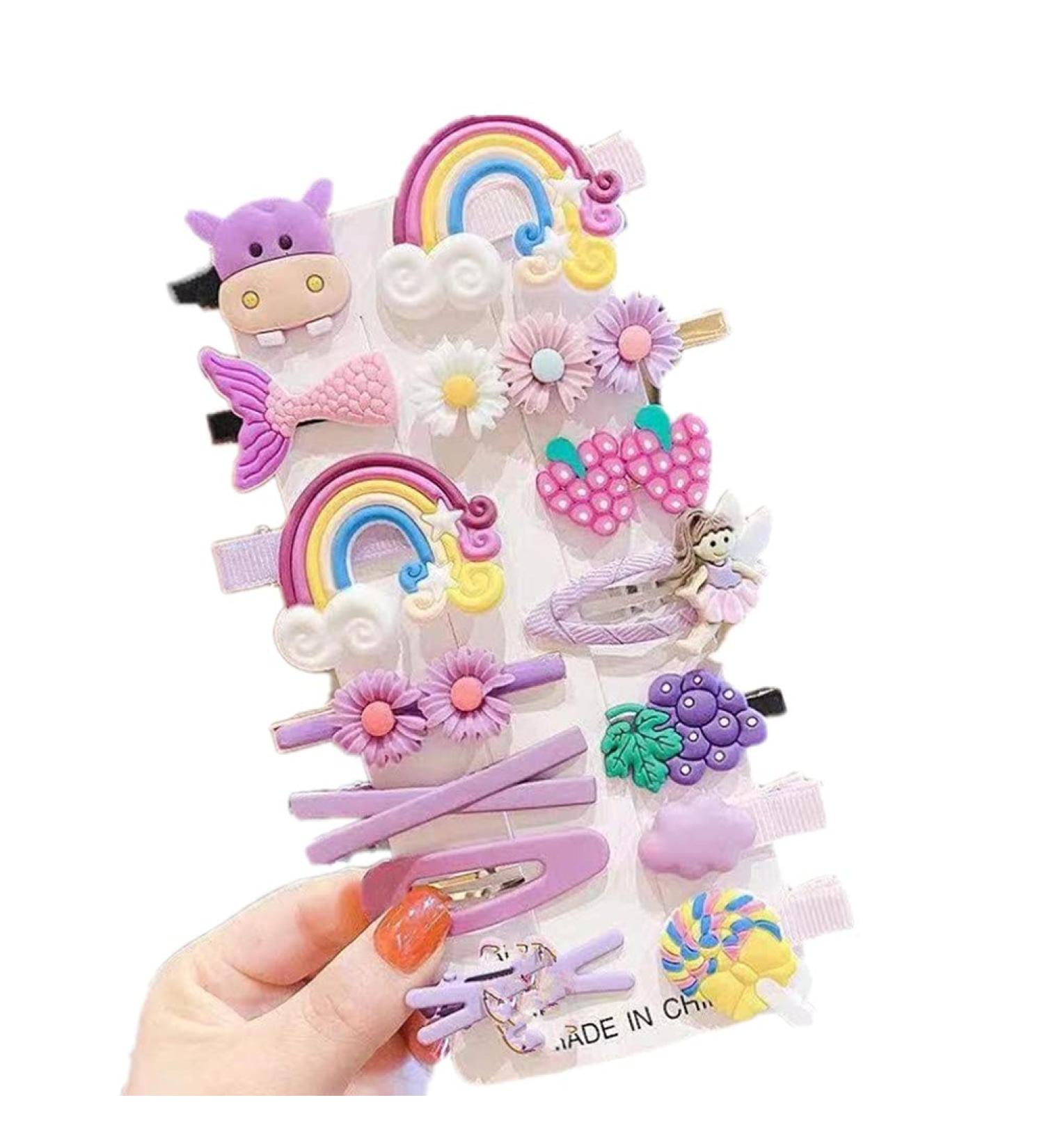 Hair clips girl princess 14 piece of hair clips children glitter flower combi clip hair clips colorful in designs cute fruit cartoons rainbow and flower shapes (a)
