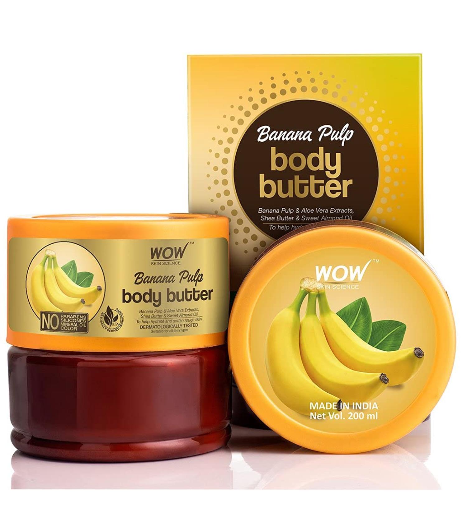 Wow Shea Body Butter Almond - Pure Shea Butter for Dry Skin, Stretch Marks, Hand Lotion for Women - Banana Scented Moisturizer Oil (200ml) - Buy Online on GoSupps.com