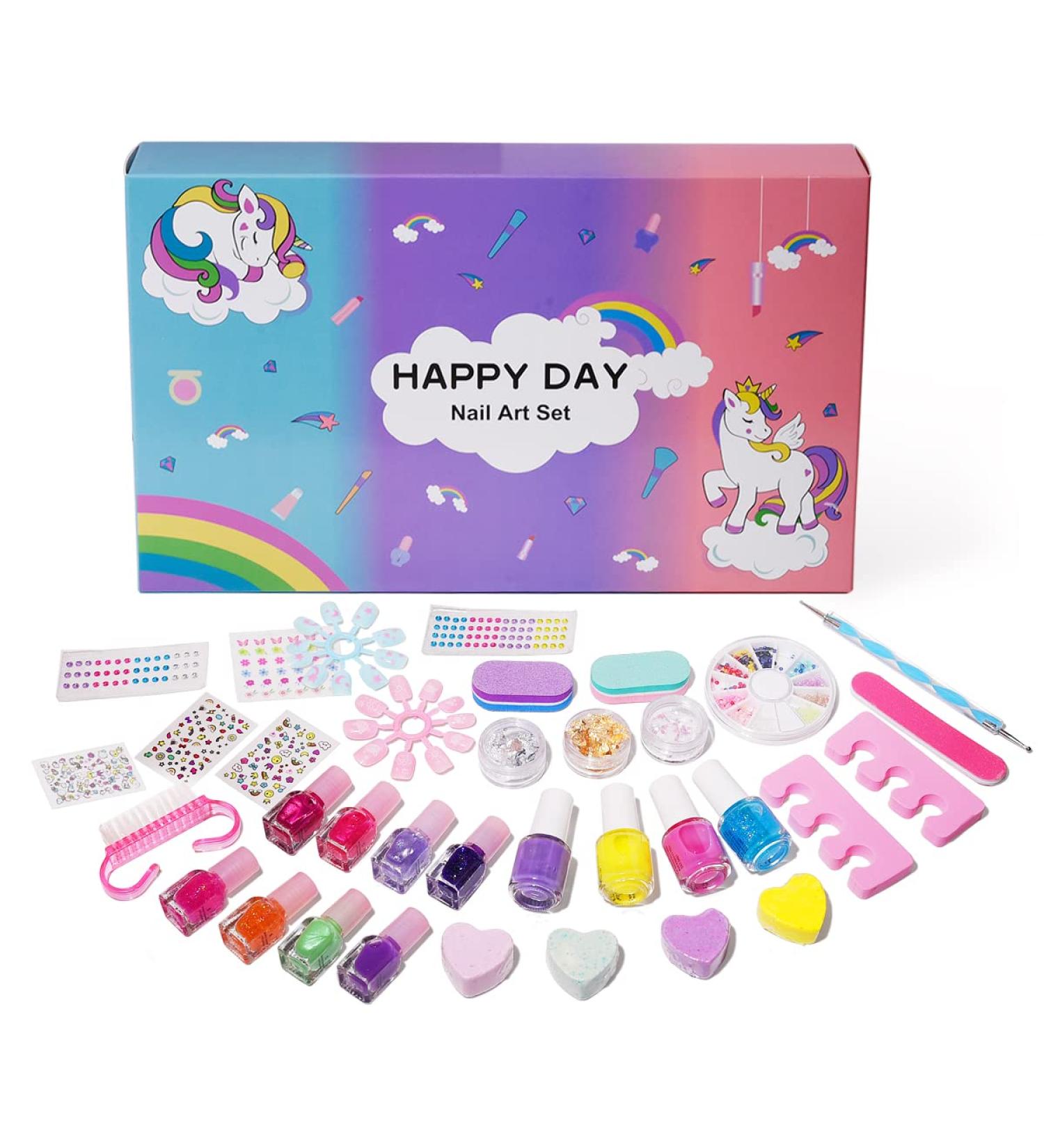 Non-Toxic Nail Art Kit for Girls - 34Pcs Nail Design Set with Peel-off Polish, Dotting Pen, False Nails, DIY Stickers, File & More | Nail Decoration Gift for Ages 6-15 - Buy Online on GoSupps.com