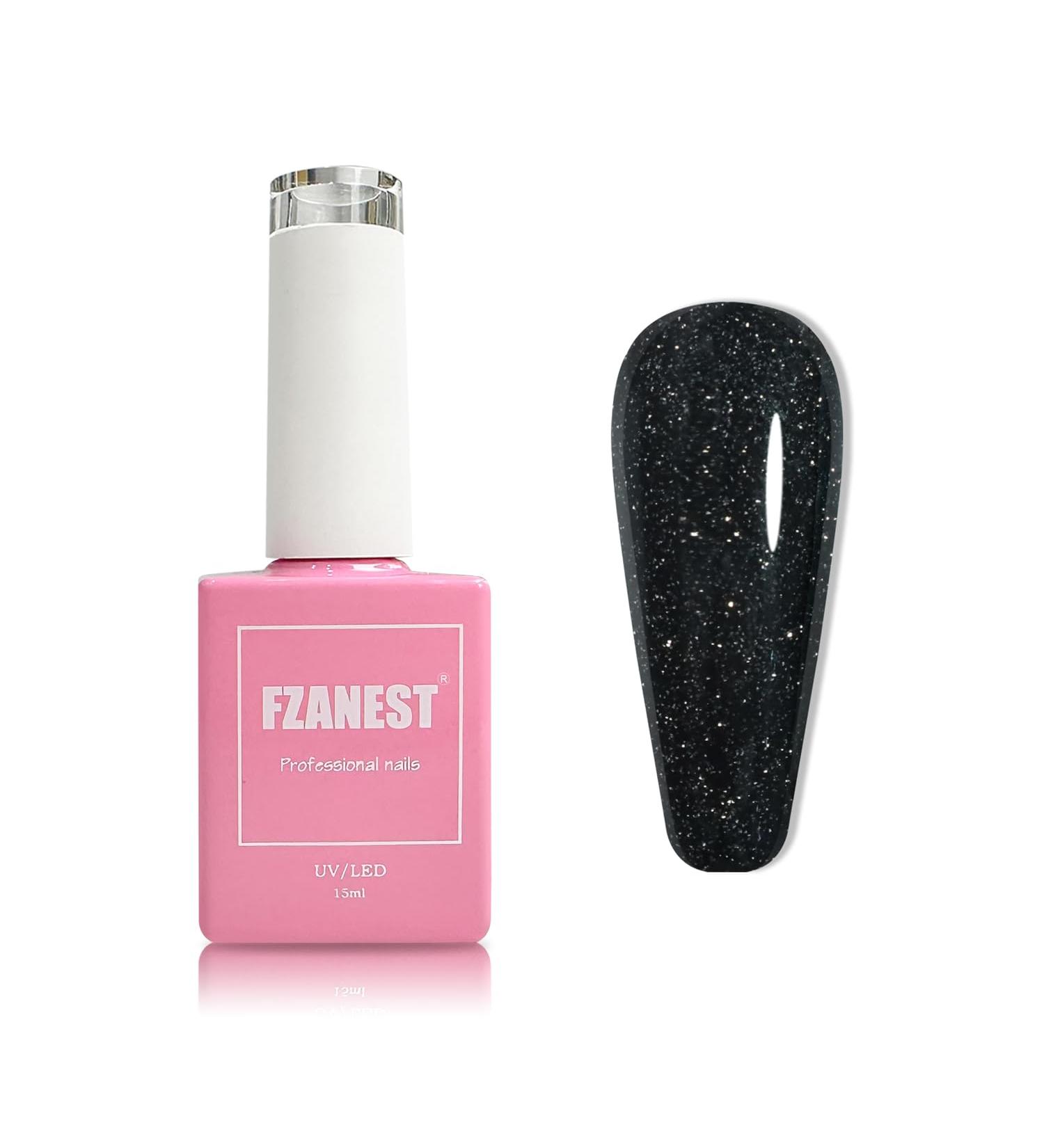 FZANEST Black Glitter Gel Nail Polish - 15ml Reflective Shimmer Soak Off UV Gel for Nail Art | Perfect for Manicure Salon Kits for Women & Girls - Buy Online on GoSupps.com