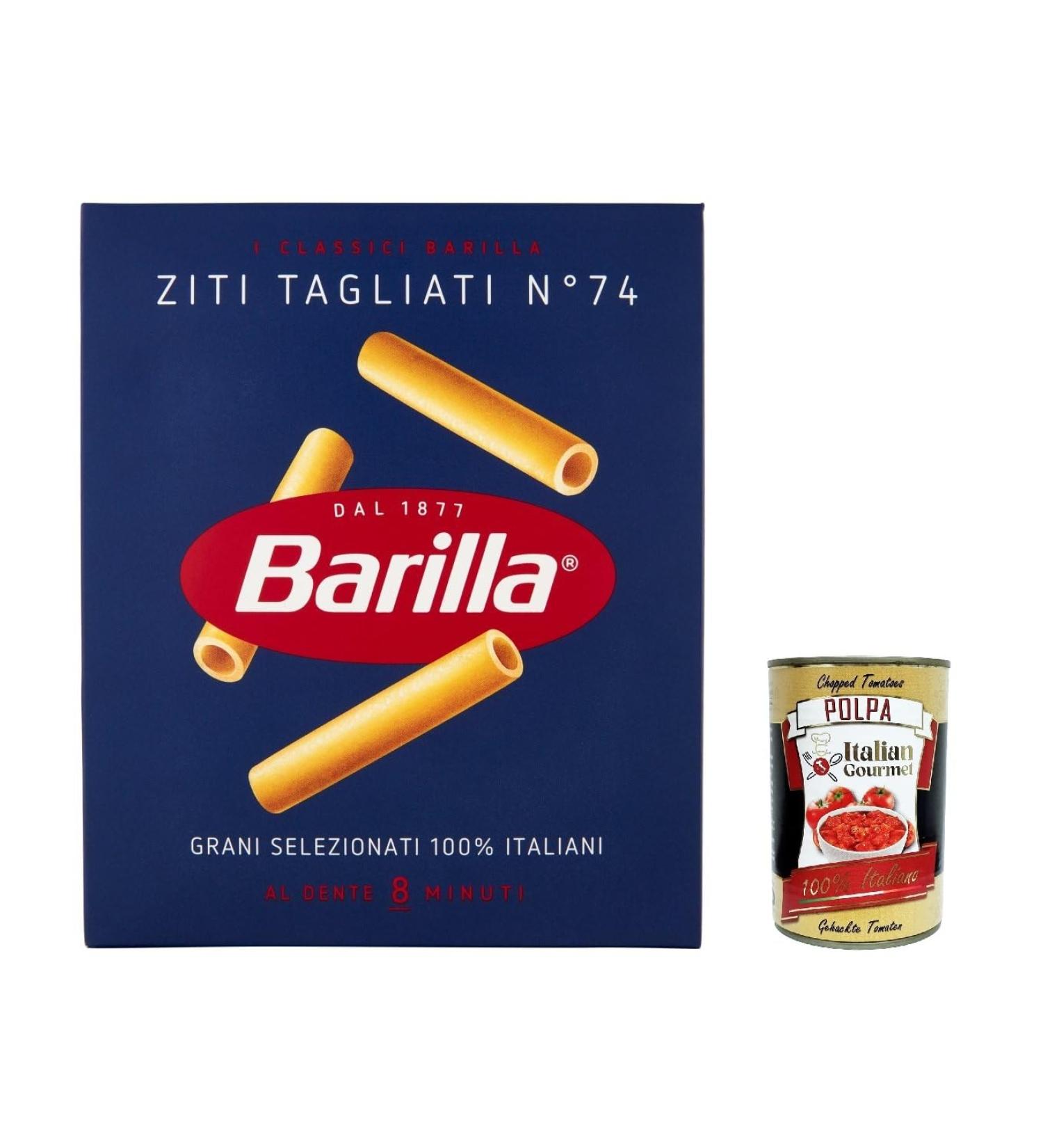  Italian Gourmet E.R. Barilla Ziti Tagliati No. 74 Pack of 10 pasta pieces 100% Italian made with durum wheat semolina 500g + Italian Gourmet Polpa di Pomodoro 400g can - Buy Online on GoSupps.com