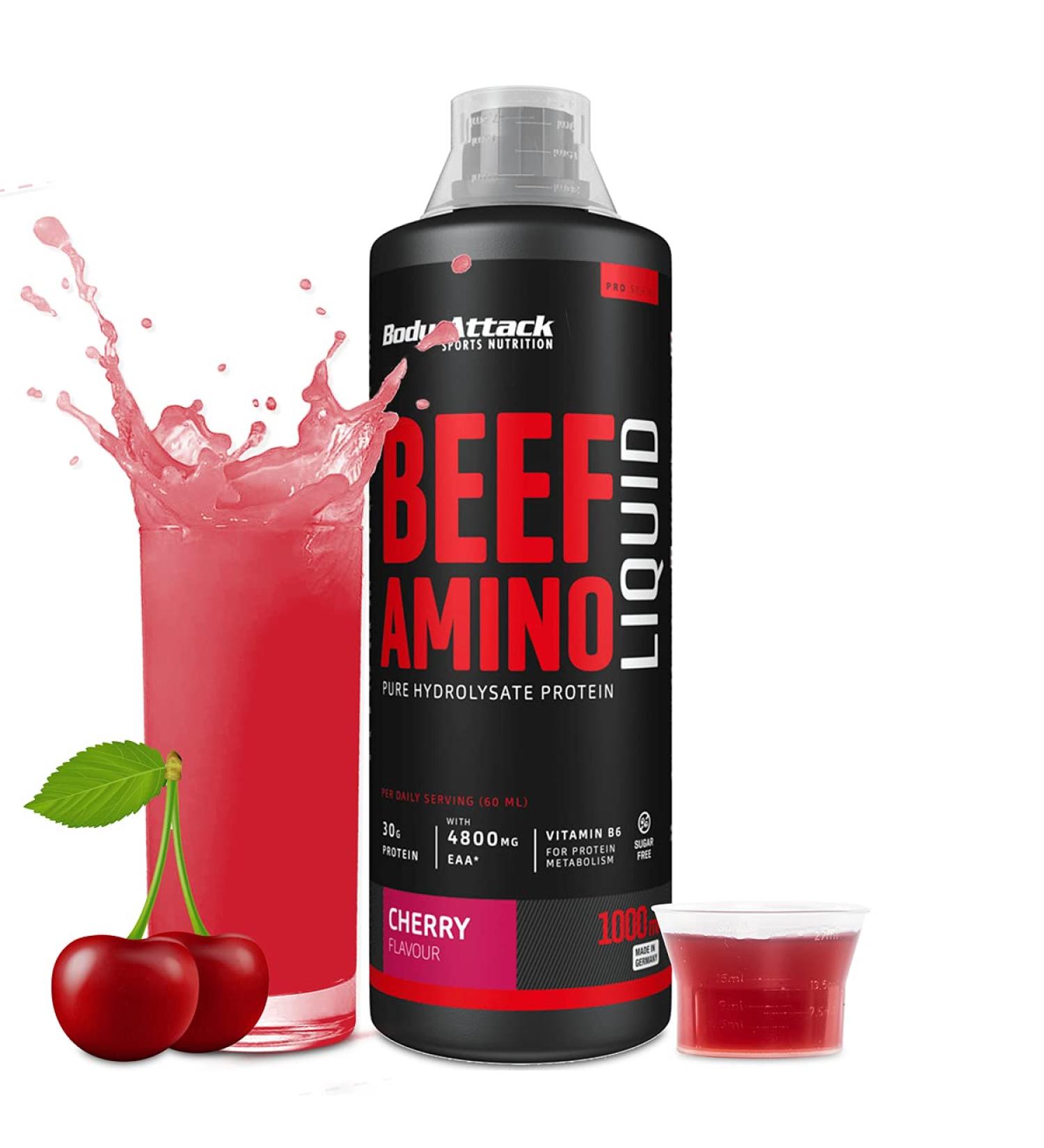 Body Attack Beef Amino Cherry 1000ml - Liquid Protein Source with 30g Protein 4800mg EAA & 2100mg BCAA - Made in Germany - Fruity & Delicious - Buy Online on GoSupps.com