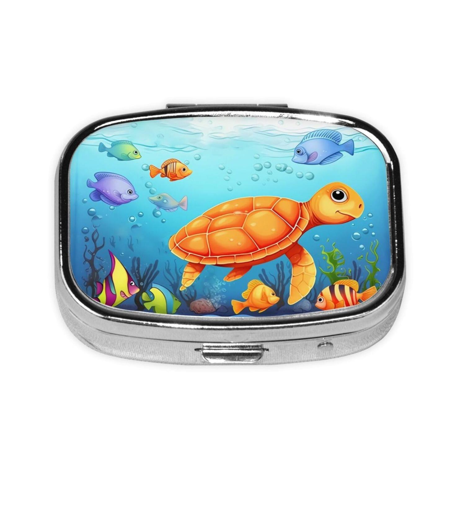  Turtle & Fish Printing Small Pill Case | Cute 2 Compartment Travel Pill Box | Organizer for Pocket & Purse Gifts  - Buy Online on GoSupps.com