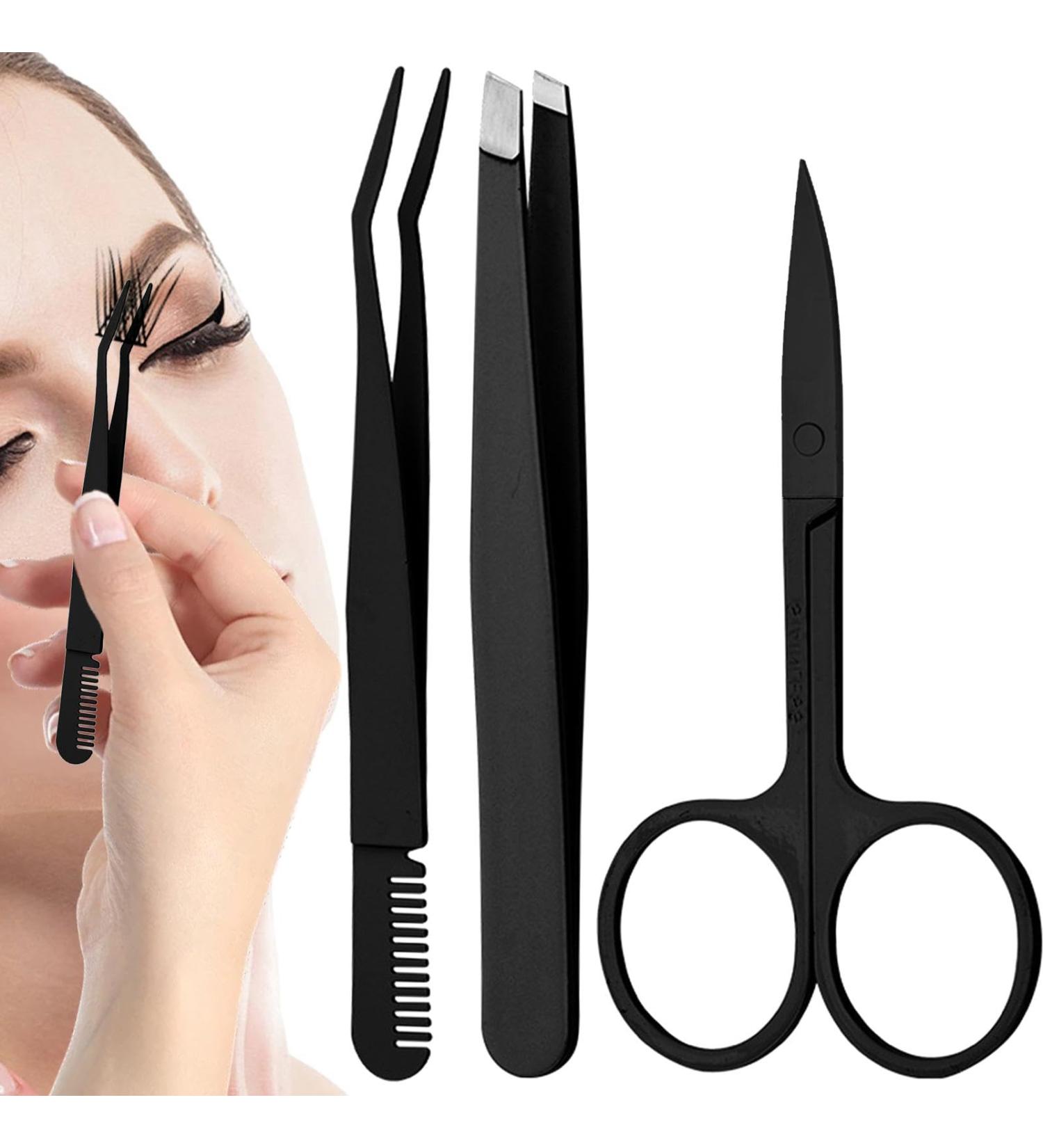 Eyebrow Tweezer Scissors - Set of 3 Stainless Steel Salon Eyebrow Tweezers Slant Tip Women Girls Precision Eyebrow Shaping Tweezers for Craft Classes Bedroom black style - Buy Online on GoSupps.com