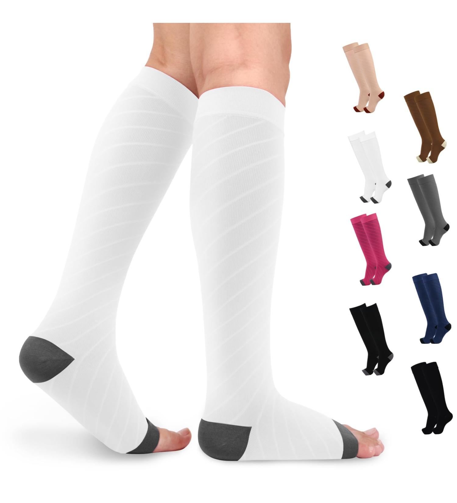 Buy Knee High Medical Compression Socks 20-30 mmHg for Men & Women - Open Toe Support for Varicose Veins DVT Edema - XX-Large White & Gray - Buy Online on GoSupps.com