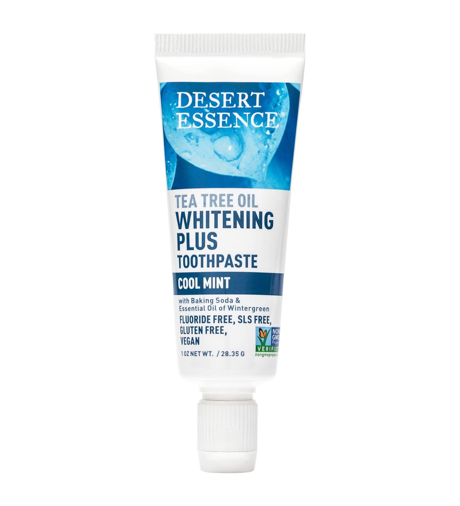 Desert Essence Tea Tree Oil Whitening Toothpaste Travel Size 1 oz - Fluoride Free | Gluten Free | Vegan | Non-GMO - With Bamboo Stem Fiber, Baking Soda & Tea Tree Oil for Brighter Smile & Fresh Breath - Buy Online on GoSupps.com
