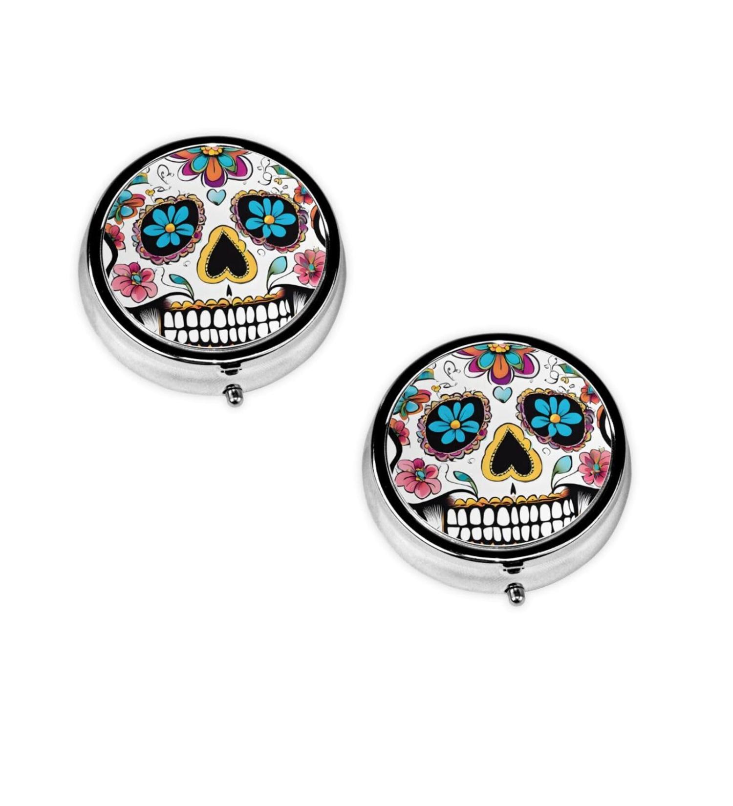 Skull Printed Mini Round Pill Box | 3 Compartment Portable Pill Organizer for Travel & Home Use - Buy Online on GoSupps.com
