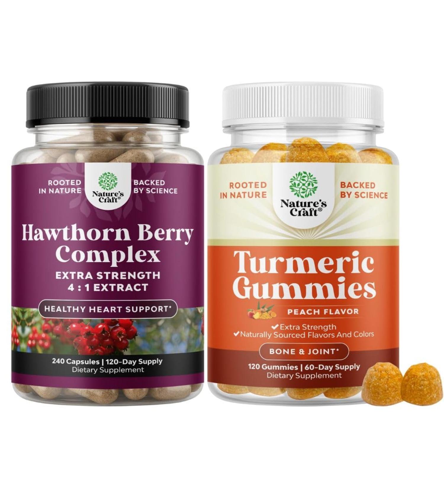 Bundle of High Strength Hawthorn Berry Capsules with Leaf & Flower Extract 4:1 for Healthy Heart & Digestion and Turmeric Gummies Peach Flavor with Turmeric Curcumin Black Pepper Extract Ginger - Buy Online on GoSupps.com