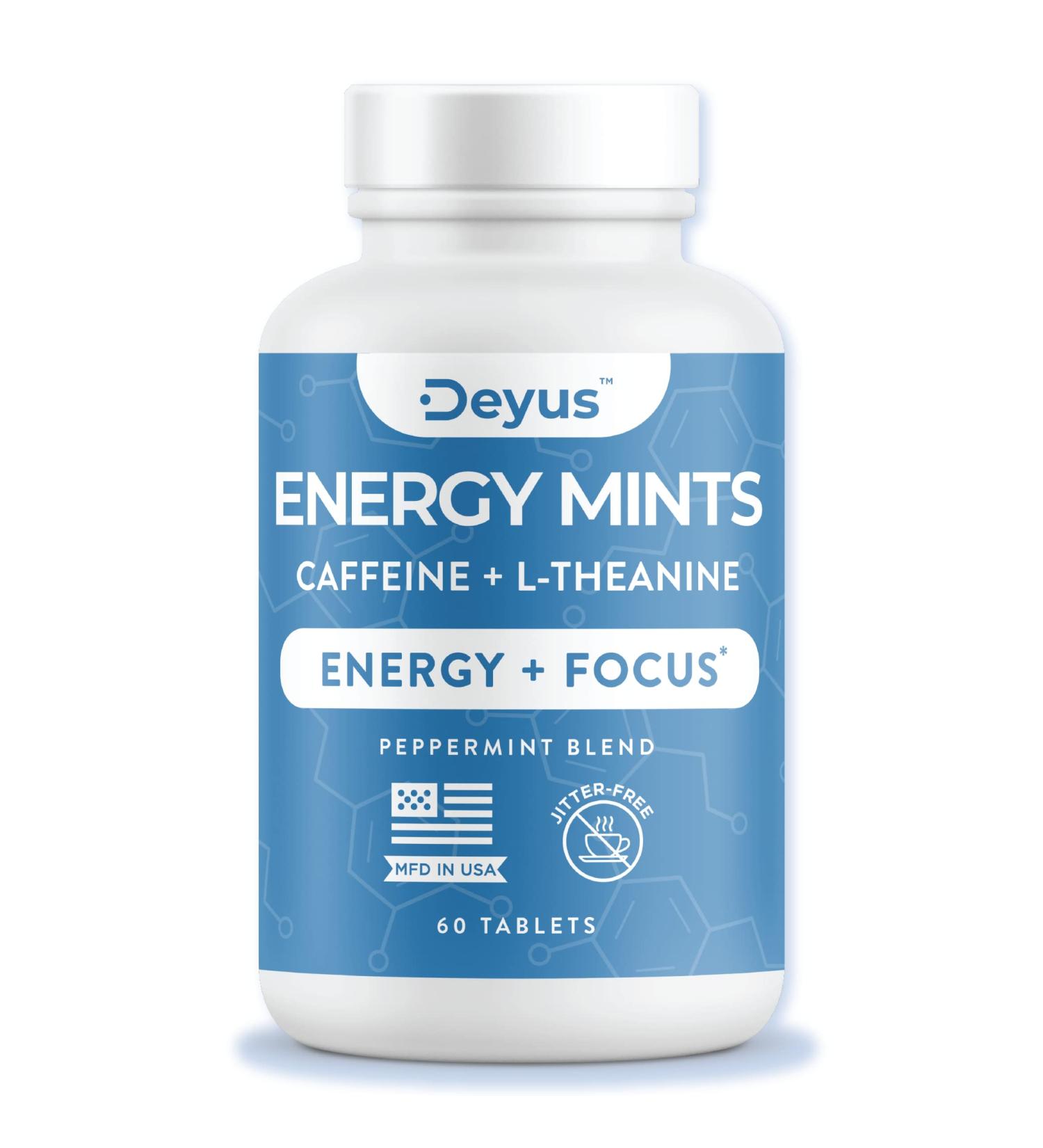 Deyus Energy Mints - Mood & Focus Boost | Natural Caffeine, L-Theanine, Vitamin B12 | No Jitters | Chewable Vegan Supplement - Buy Online on GoSupps.com
