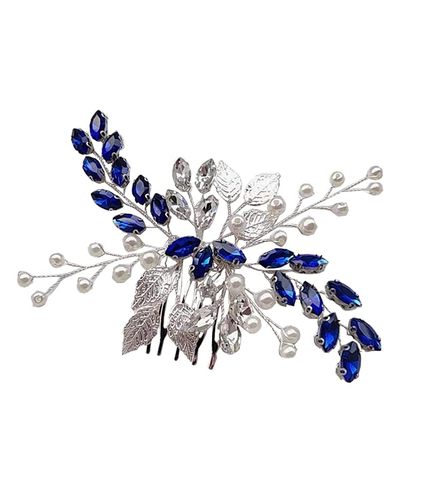 Blue Crystal Pearl Hair Comb Vine: Silver Leaf Headpiece for Bride, Bridesmaid, Girls - Buy Online on GoSupps.com
