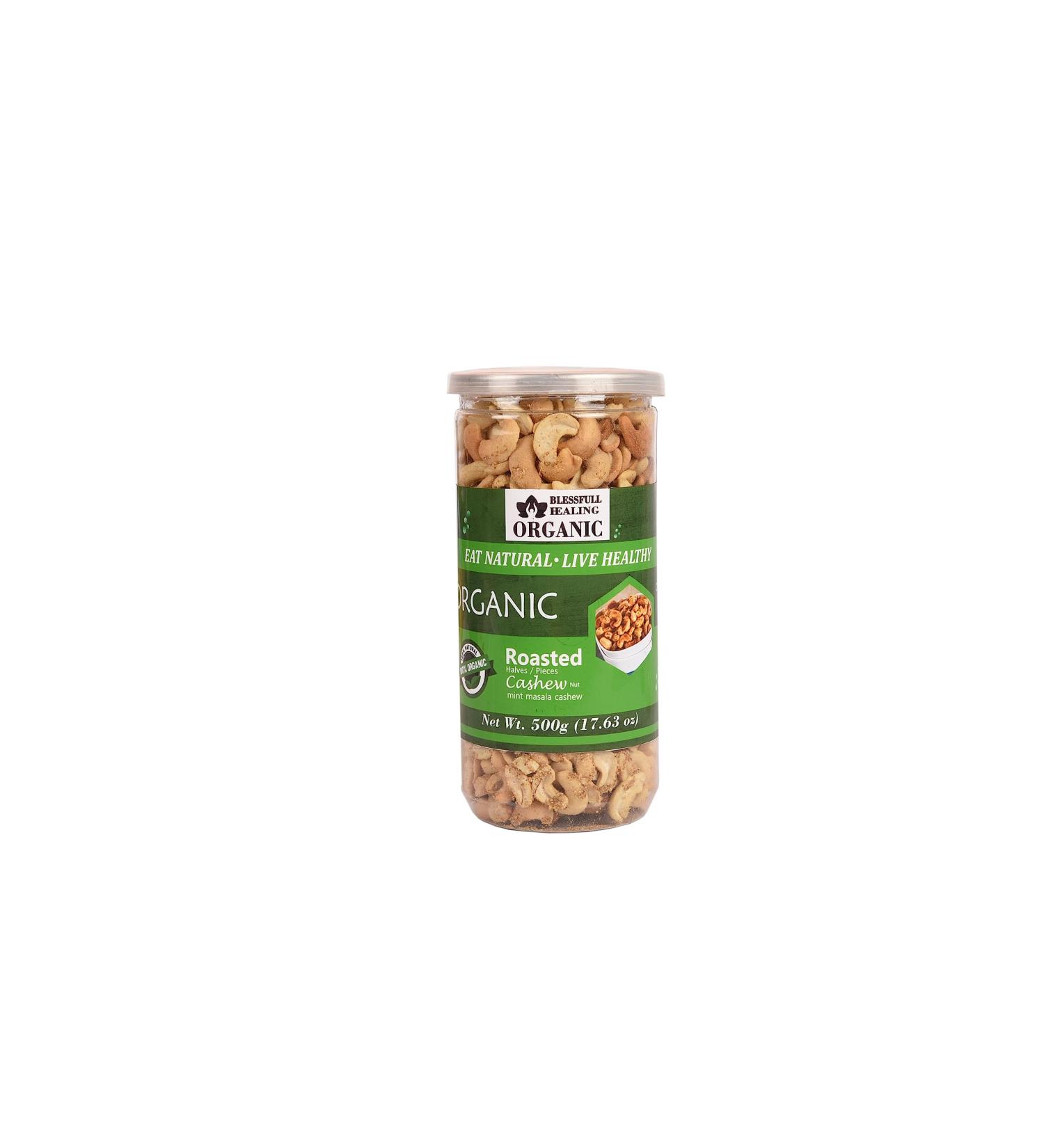 Blessfull Healing Organic Natural Vegan Mint Masala Roasted Halves/Pieces Cashew Nuts Crunchy Kaju 500 Gram - Buy Online on GoSupps.com