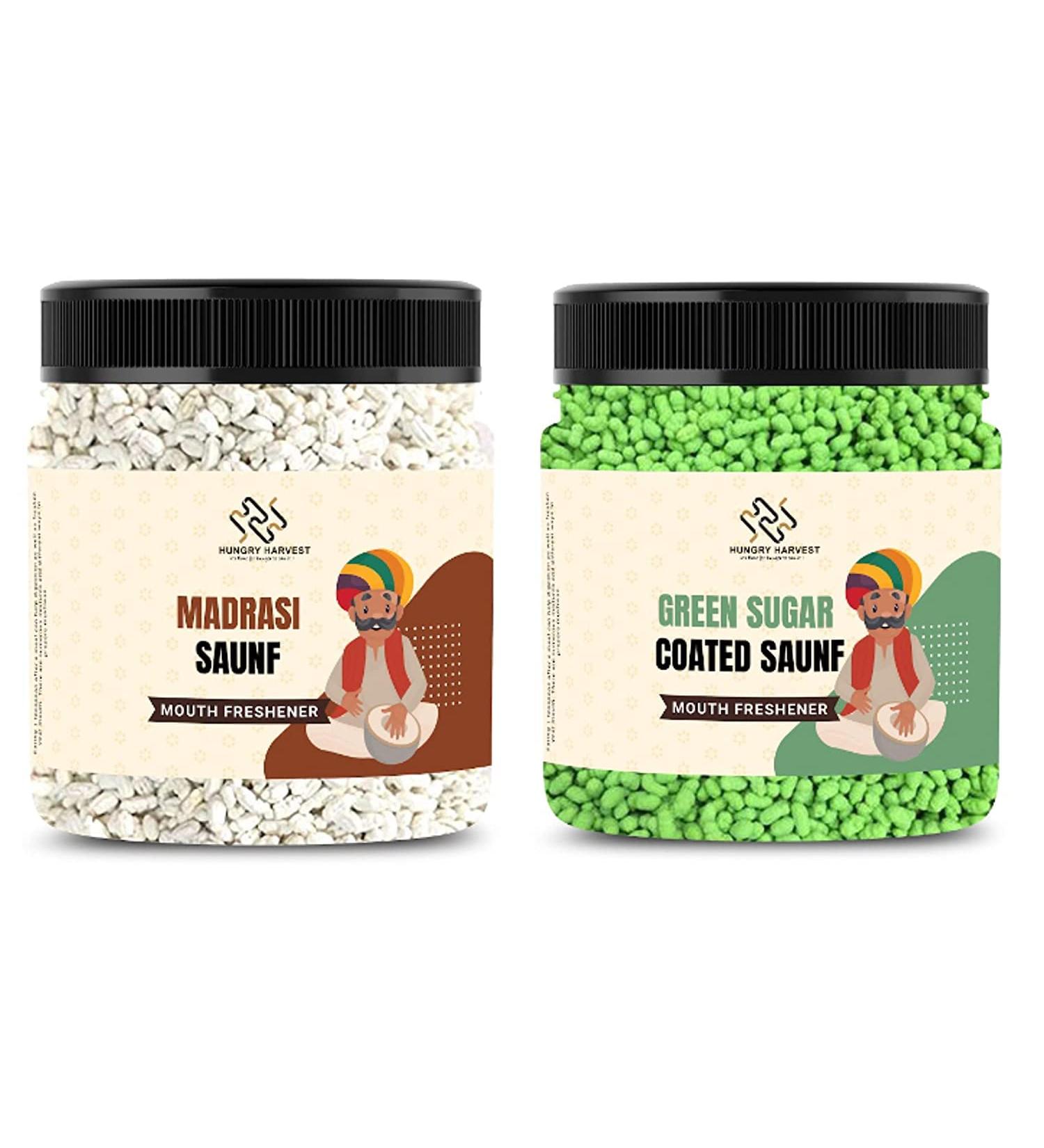 Hungry Harvest Combo Pack of Madrasi Saunf White Sweet Mint Saunf Mukhwas & Green Sugar Coated Saunf Mukhwas 300 GMS Each Total 600 GMS_Packing May Vary