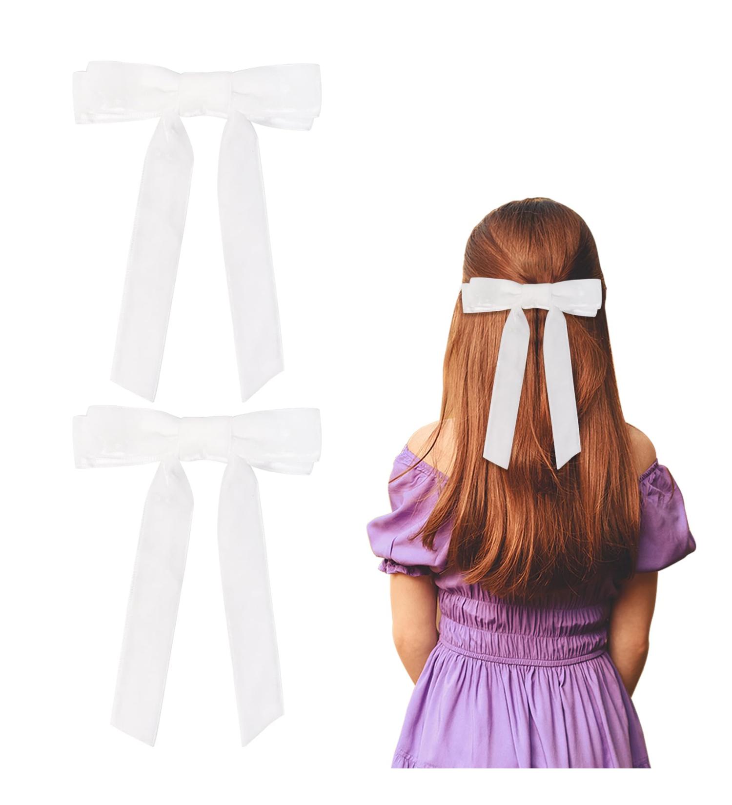 2Pcs Velvet White Bow Hair Clips with Long Ribbon - Vintage Hair Accessories for Girls and Women - Buy Online on GoSupps.com
