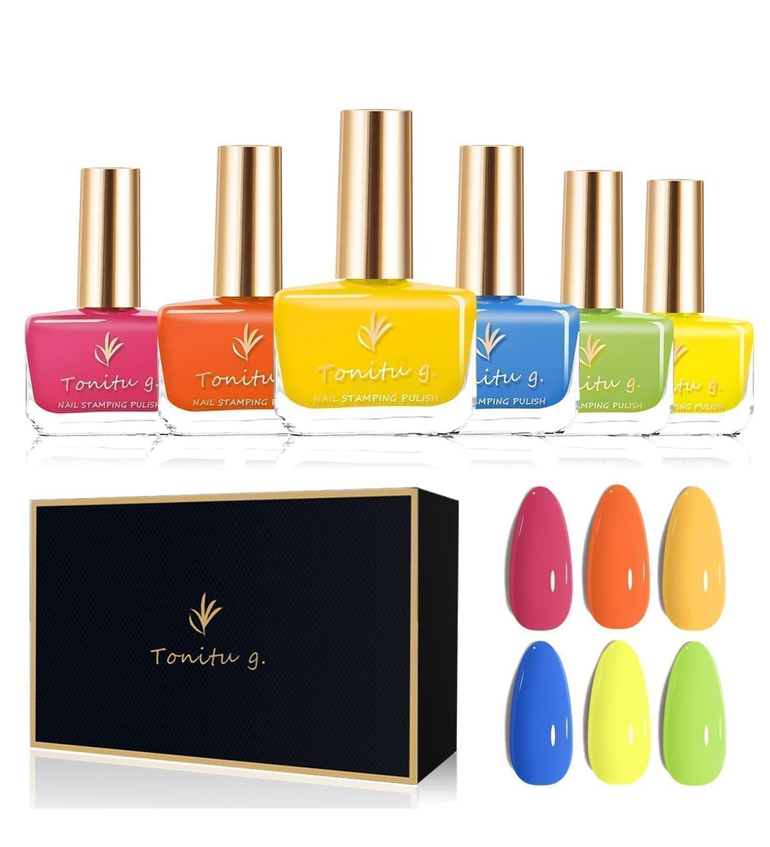 Tonitu 6 Pcs Non-Toxic Eco Nail Polish Kit - Glossy Pastel Colors: Pink Yellow Blue Red Glitter and Nude (42ml) - International Shipping Available! - Buy Online on GoSupps.com