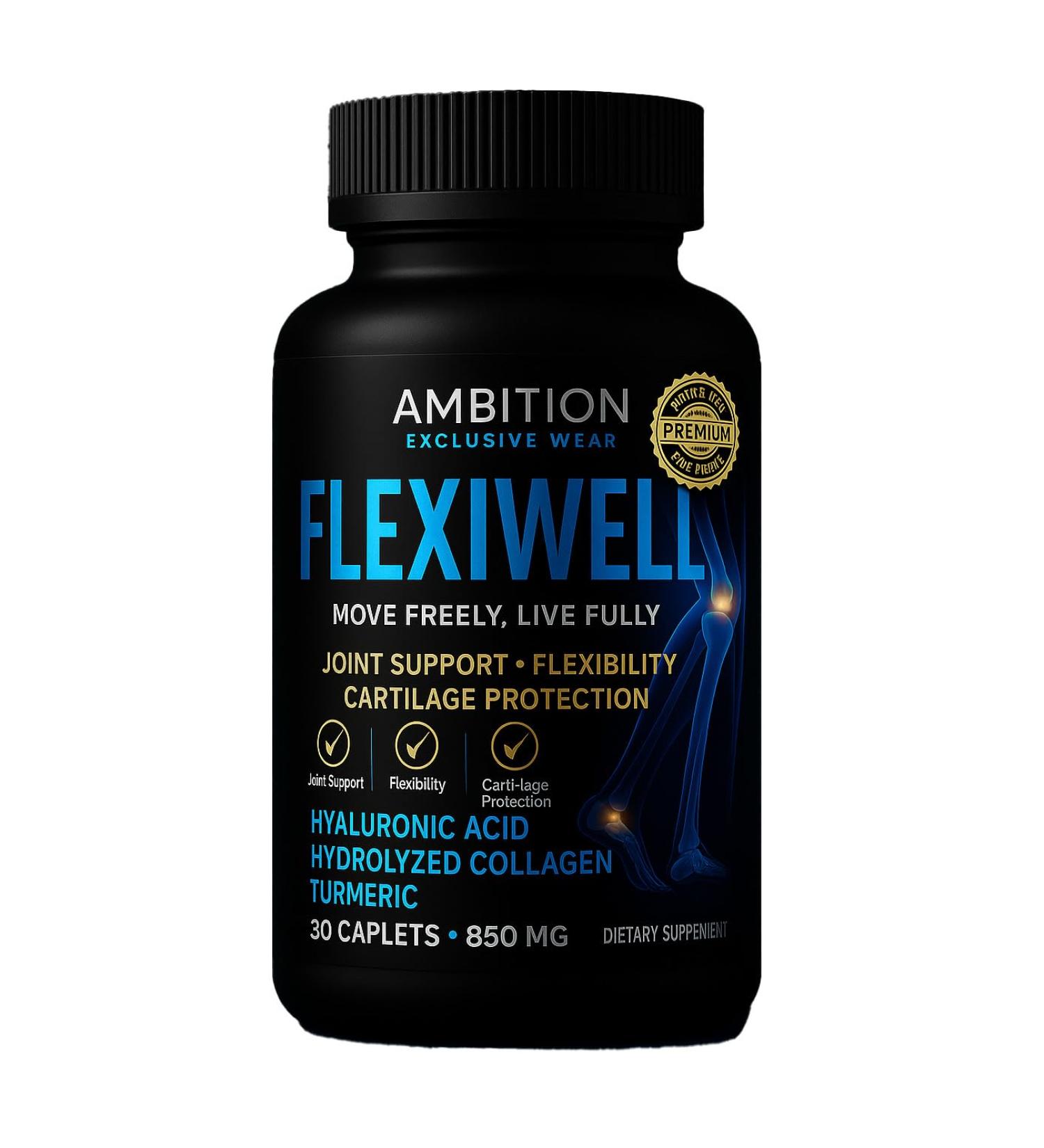 Ambition Flexiwell Joint Support Supplement with Hyaluronic Acid Collagen Turmeric 30 Caplets 850mg