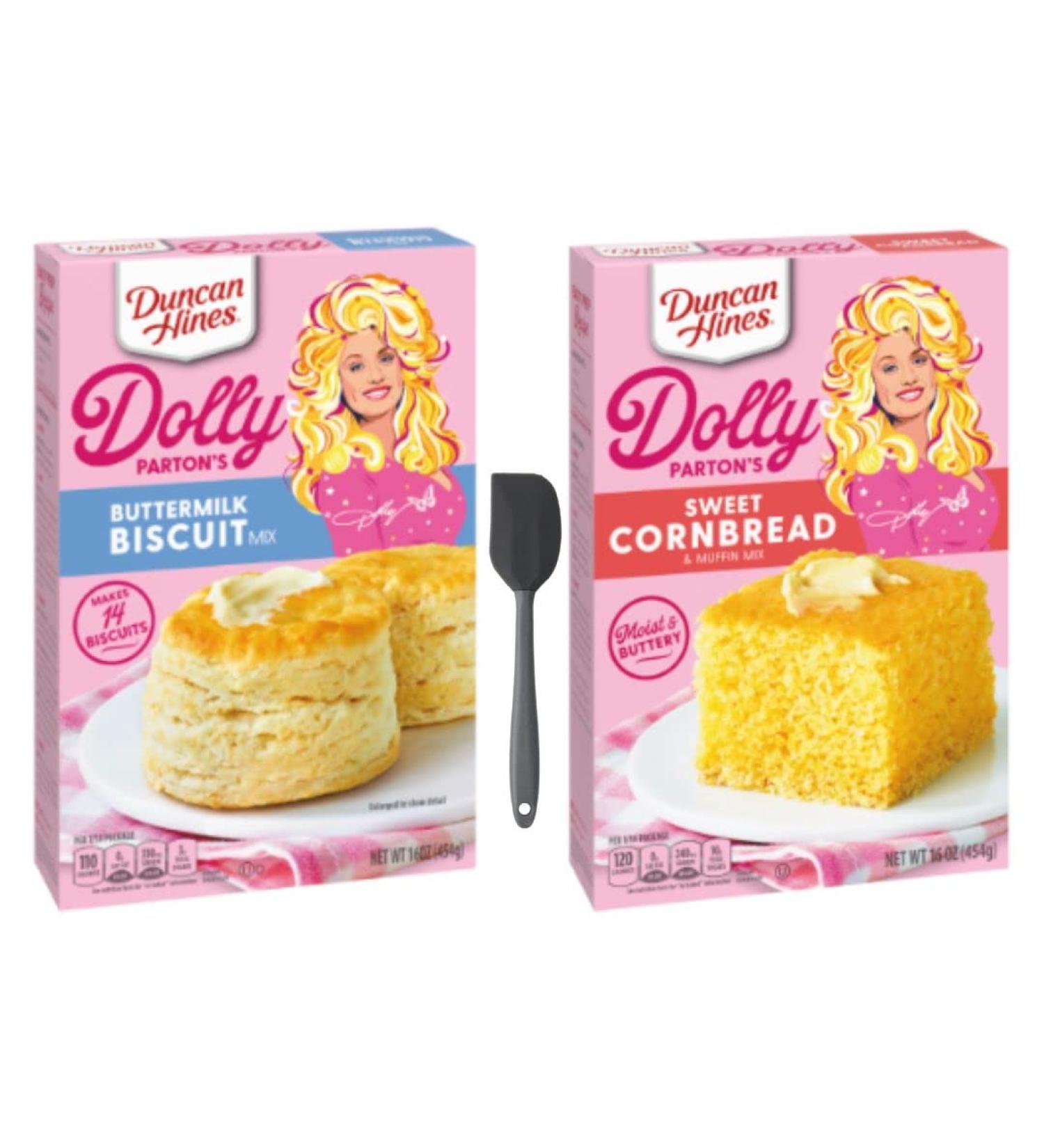 Duncan Hines Dolly Parton's Cornbread and Biscuit Mix Bundle  Includes One (1) 16 oz Buttermilk Biscuit Mix  One (1) 16 oz Sweet Cornbread and Muffin Mix  and One (1) Spatula (style may vary) - Buy Online on GoSupps.com