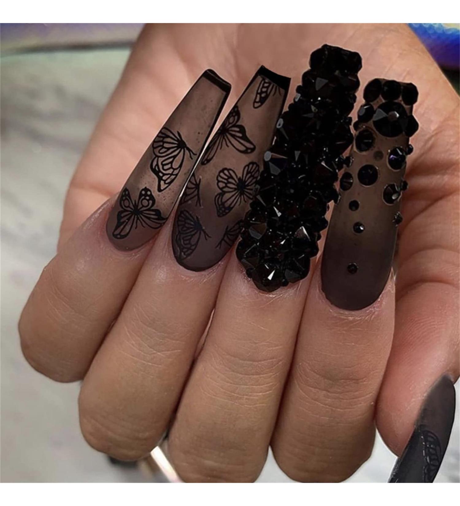 VOTACOS Long Coffin Black Press on Nails with 3D Rhinestone Butterfly Design - Matte Full Cover Stick on False Nails for Women | G2 BLACK 3D - Buy Online on GoSupps.com