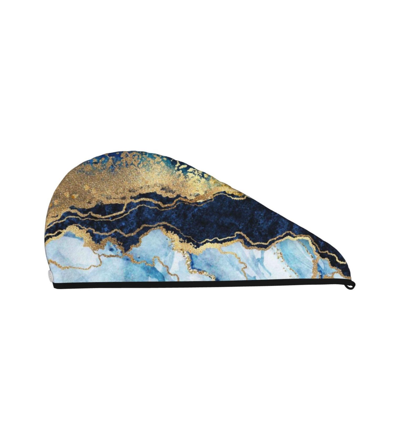 Blue Marble Gold Foil Microfiber Hair Towel - Soft Super Absorbent Quick Dry Hair Wrap for Long Curly & Thick Hair - Perfect for Women - Buy Online on GoSupps.com