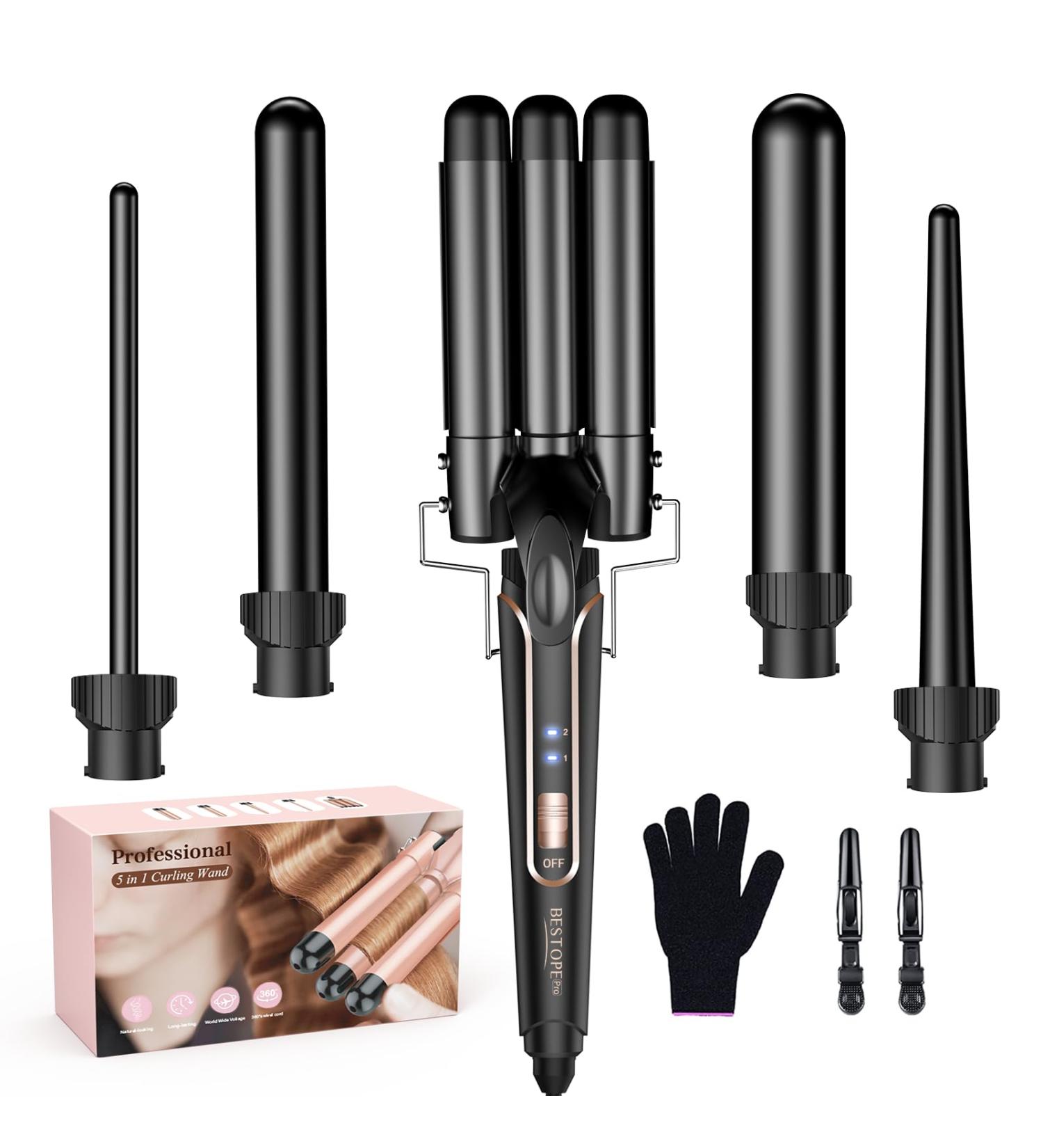 BESTOPE PRO Curling iron curling iron 3 sheets 5in1 curling iron set 3 barrels for large waves temperature setting quick heating and a glove 2 clips black - Buy Online on GoSupps.com