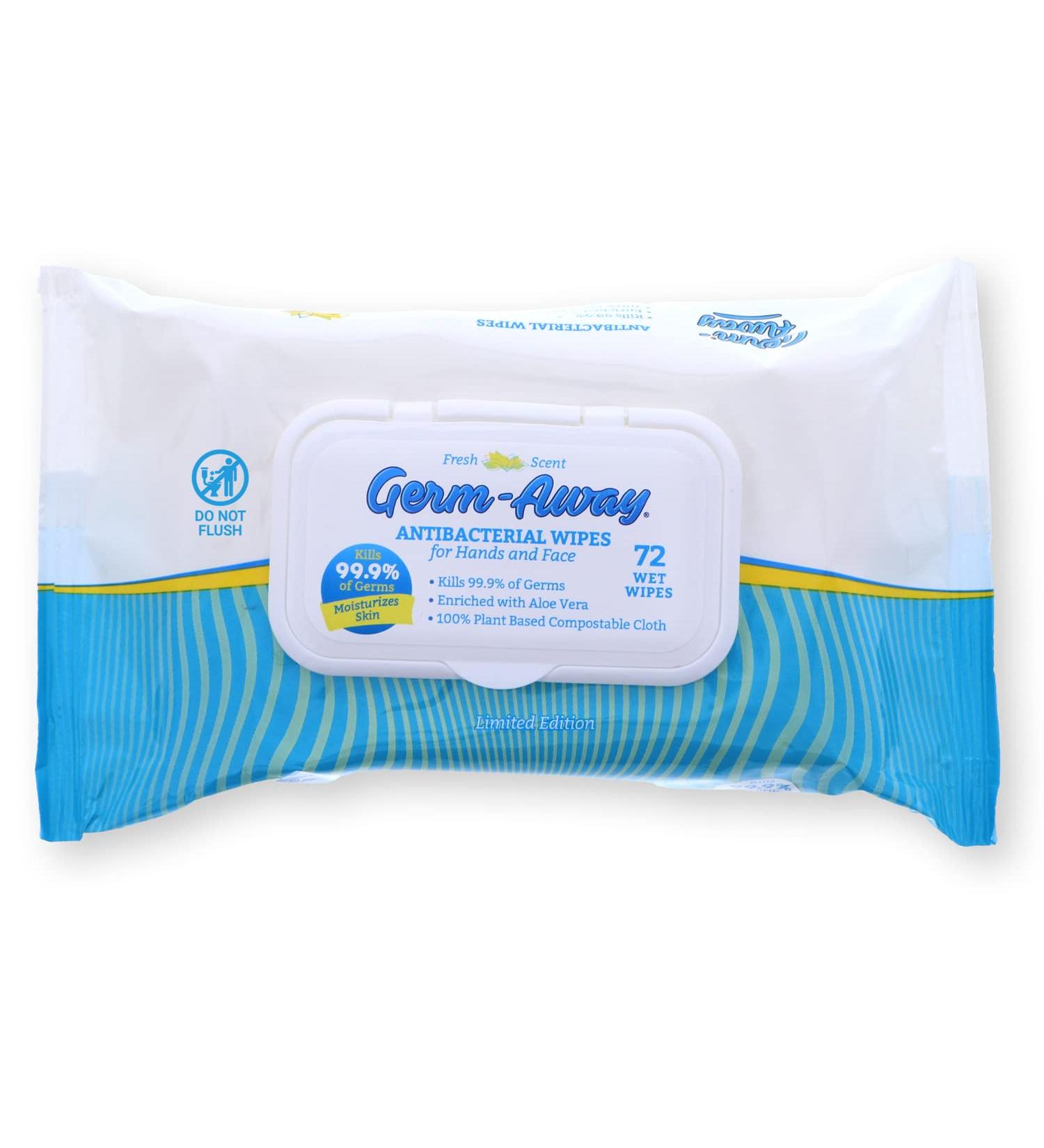 Germ-Away Antibacterial Hand Wipes - Plant-Based Sanitizing Wipes for Home, Office, Travel - Great for Boating & Camping - 72ct Fresh Scent Antibacterial Wipes - Buy Online on GoSupps.com