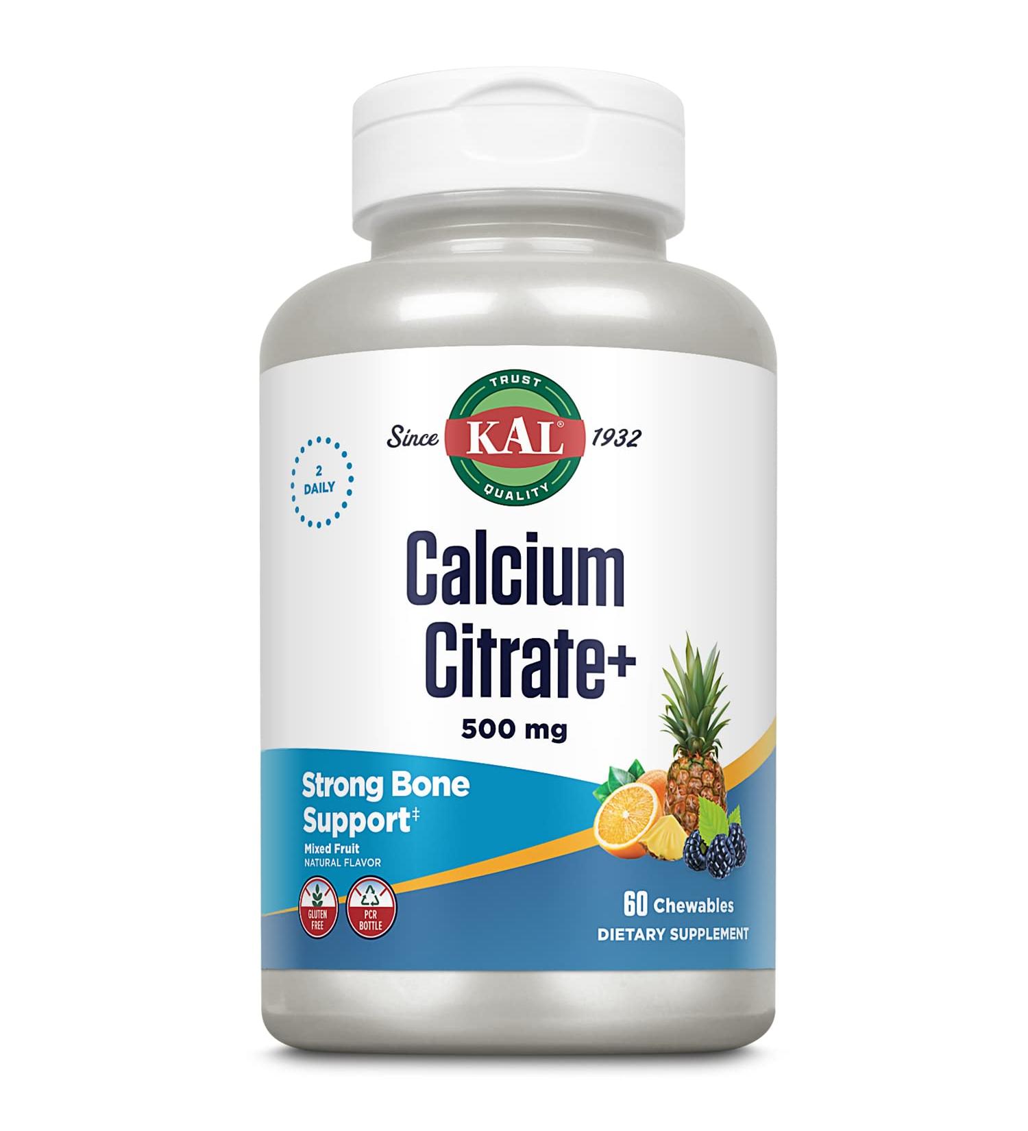 KAL Calcium Citrate Chewable 500mg with Magnesium & Vitamin D-3 - Bones, Teeth, Nerve & Muscle Support - 60 Natural Mixed Fruit Flavor Chewables - Buy Online on GoSupps.com
