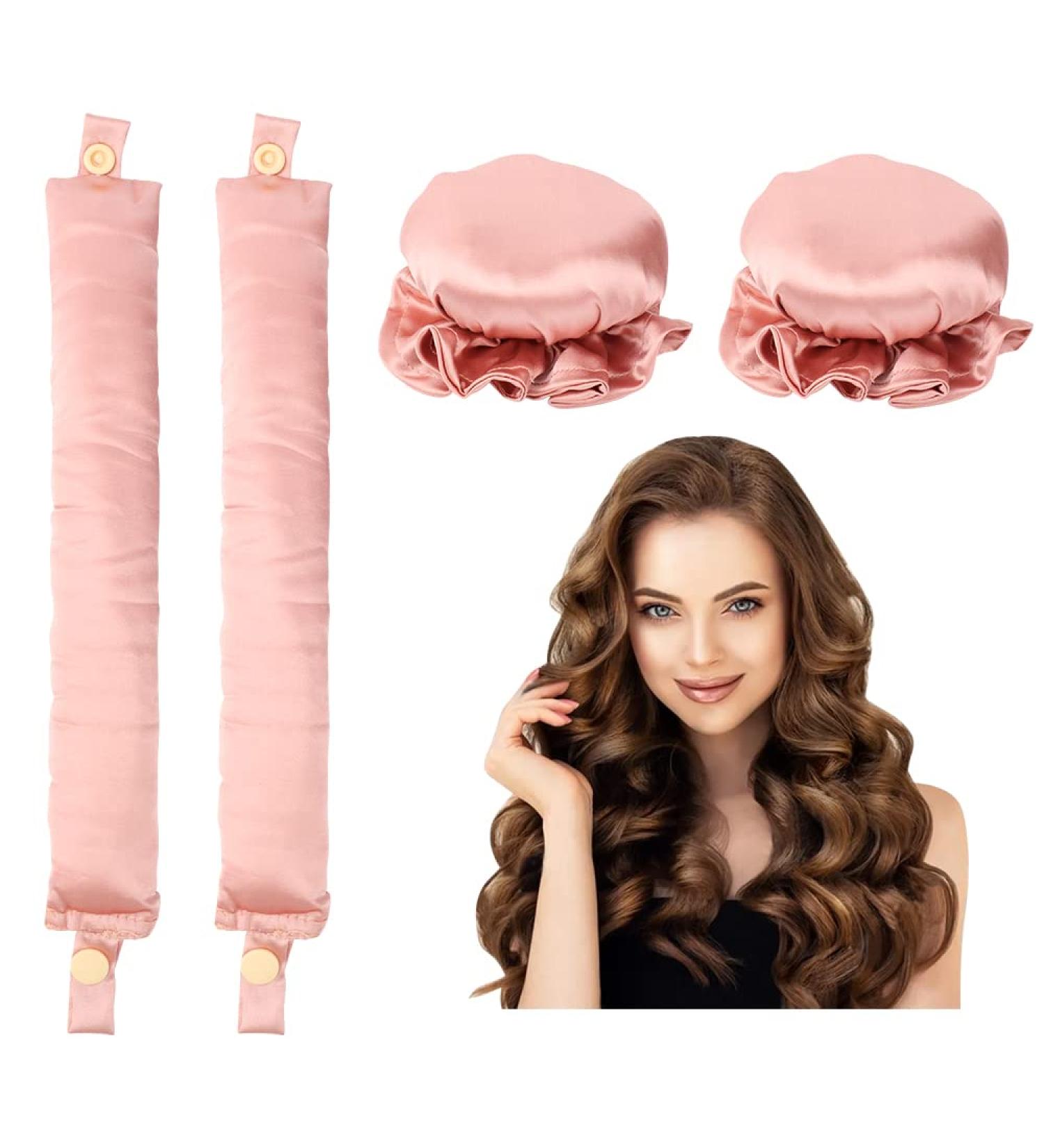 2PCS Satin Heatless Hair Curler Set - Lazy Overnight Curls with Heatless Curlers Headband - Pink - Buy Online on GoSupps.com