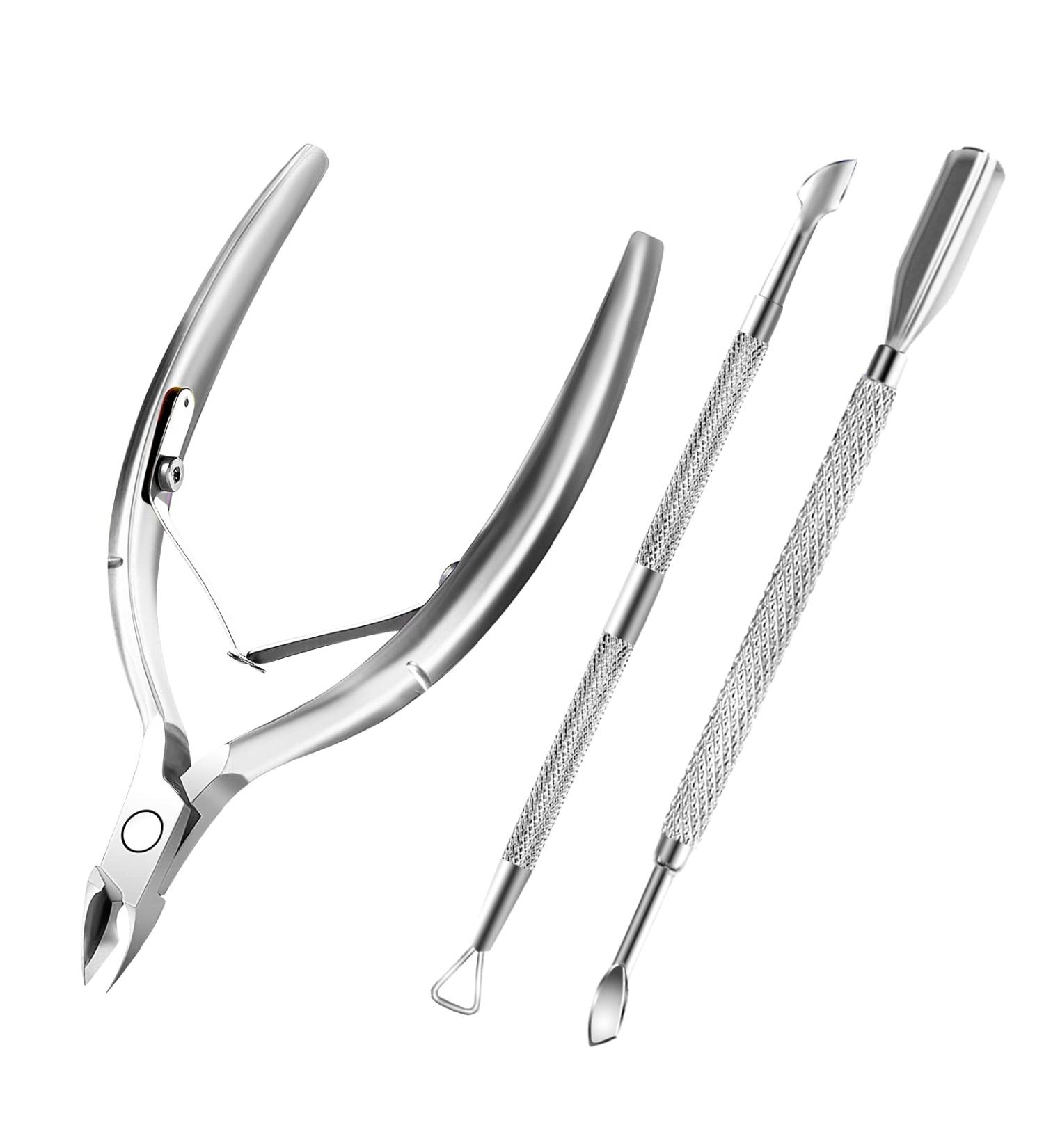 Stainless Steel Cuticle Trimmer Set - Professional Pedicure Manicure Tools with Pusher & Scissors - Durable Cuticle Nipper Cutter Clipper for Fingernails and Toenails - Silver - Buy Online on GoSupps.com