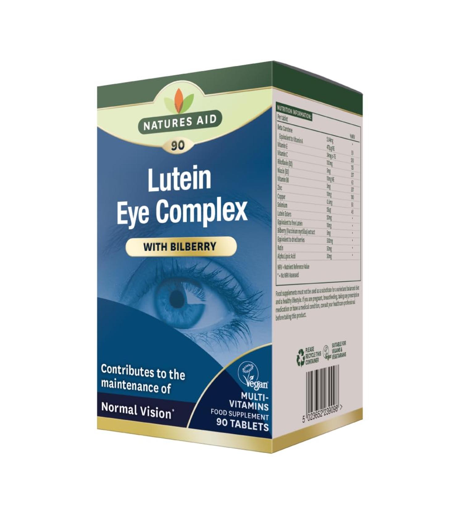 Natures Aid Lutein Eye Complex with Bilberry 90 Tablets - Vegan, UK Made - Supports Normal Vision with Alpha Lipoic Acid, Zinc, Vitamins A, B2, C, E - 90 Count - Buy Online on GoSupps.com