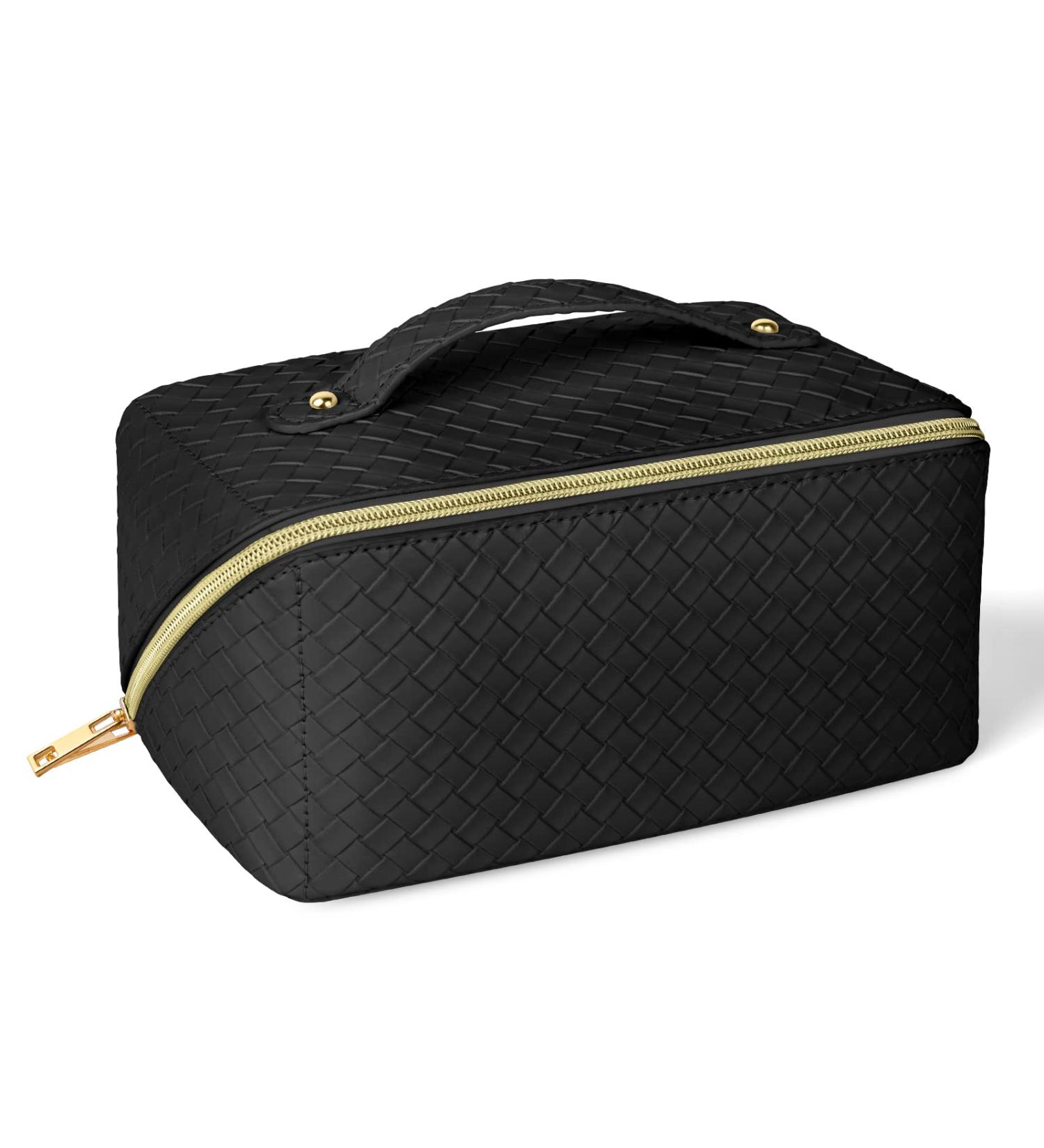 Aucuu Large Capacity Travel Cosmetic Bag - PU Leather Waterproof Makeup Organizer for Women/Girls - Portable with Handle (Black) - Buy Online on GoSupps.com