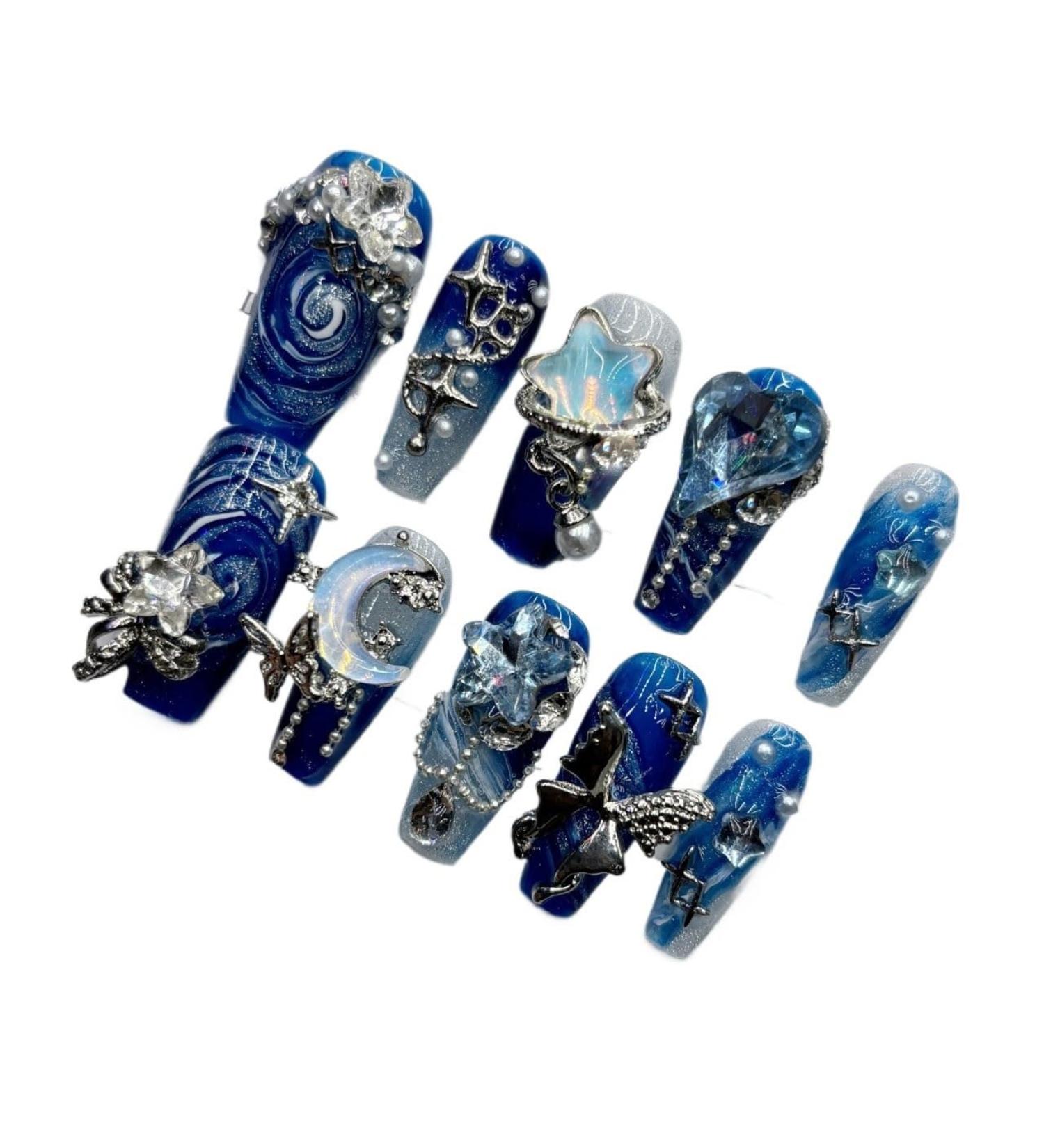 KEMKEY Blue Handmade Wear Nail Senior Sense Of Heavy Industry In Europe And The United States Wind Luxury Fashion Art Absolutely Beautiful In The Long Section Of Nail Art(Medium Ladder S) - Buy Online on GoSupps.com