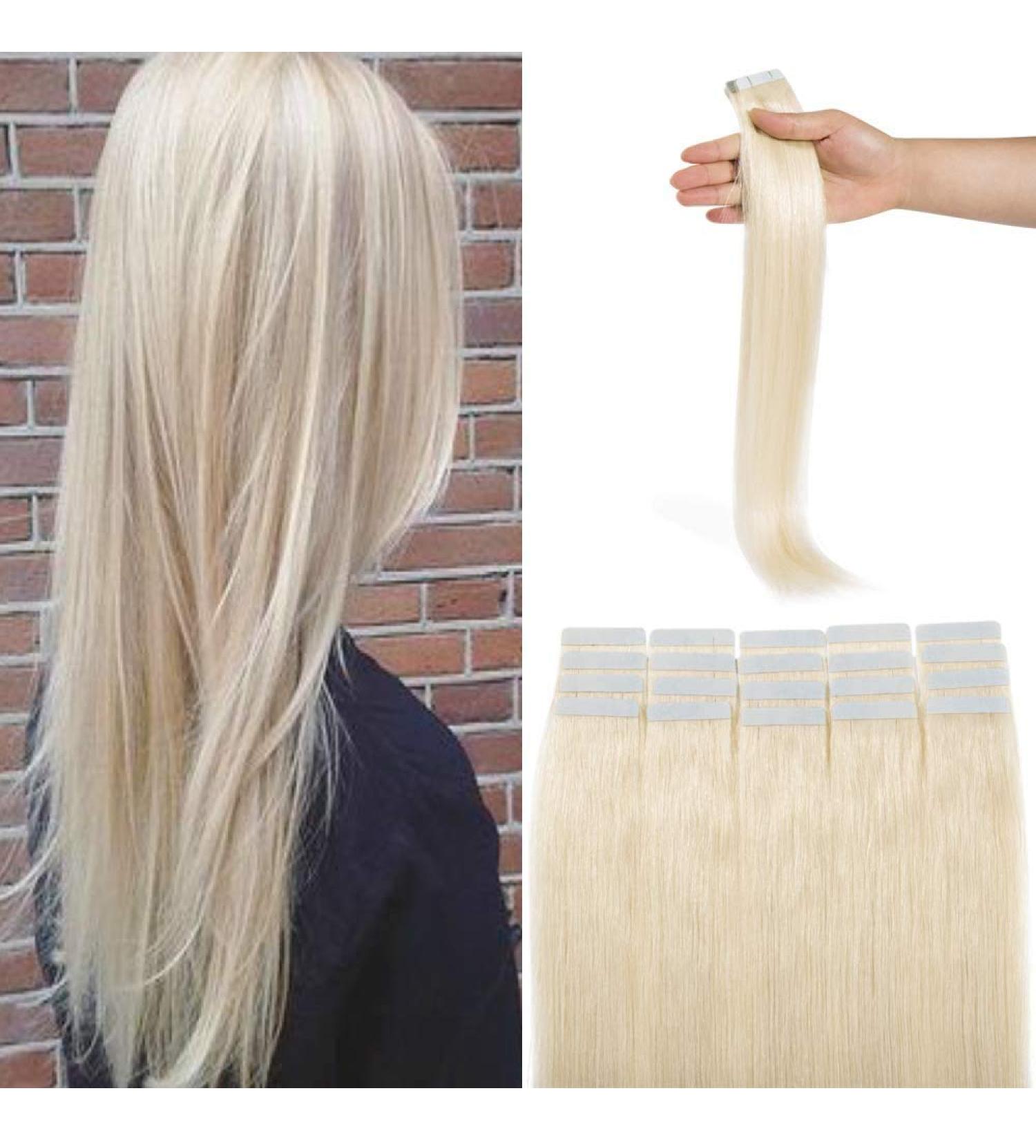 Luxurious Silk-Co Tape Extensions - 55cm Remy Real Hair #60 Platinum Blonde - 20 Tresses (4cm Wide 2.5g) - Premium Quality Hair Extensions for Effortless Style - Buy Online on GoSupps.com