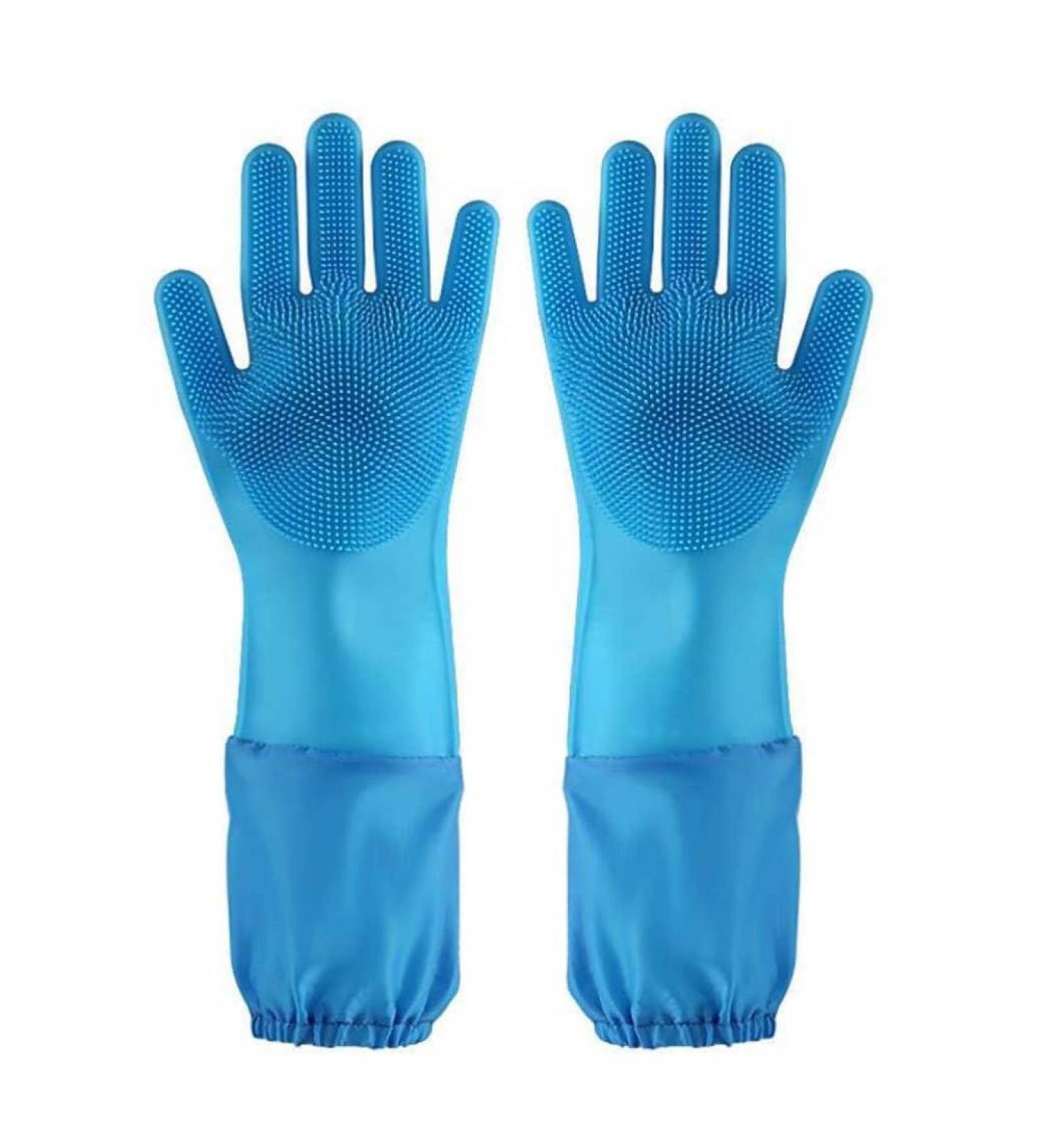 Rubber Dishwashing Gloves Extra Long Sleeves Cleaning Scrubber Gloves Waterproof Mittens 1Pair Blue. - Buy Online on GoSupps.com