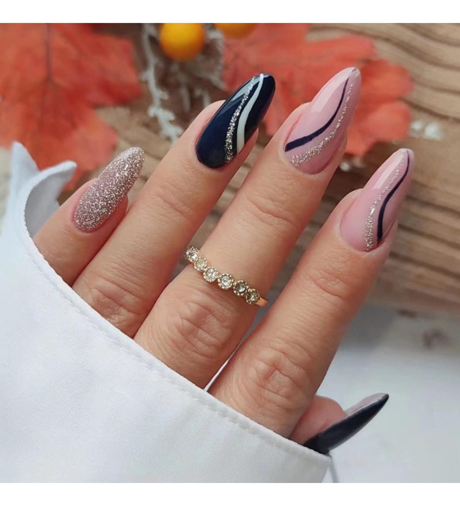 JUSTOTRY 24 Pcs Gold Swirl Stiletto Short False Nails Pink French Press on Nails - Beautiful Fake Nails with Nail Glue, Almond Medium Stick on Nails for Women - Buy Online on GoSupps.com