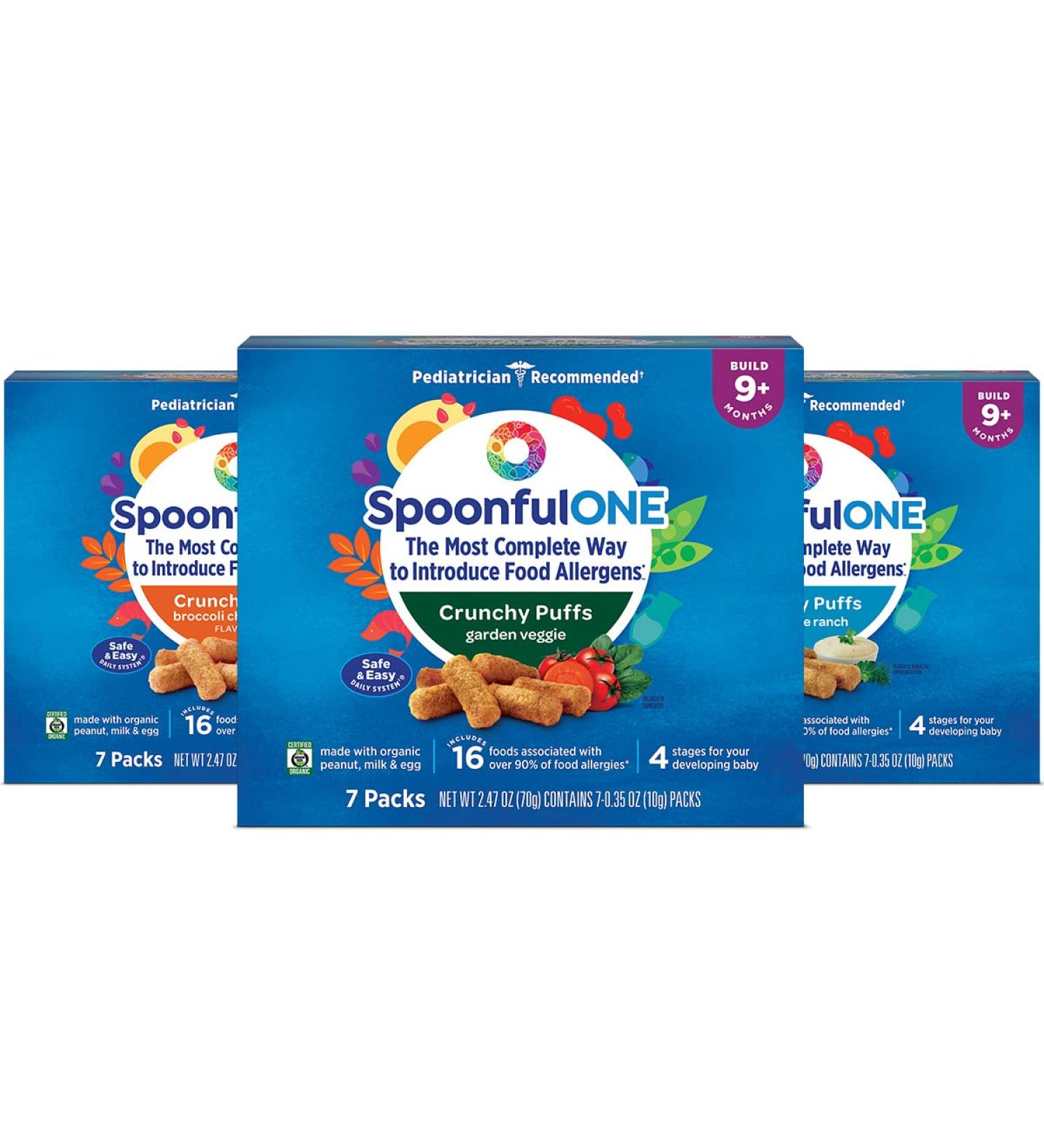 SpoonfulONE Early Allergen Introduction Crunchy Puffs | Certified Organic Smart Feeding Snack for Baby 9+ Months | Variety 21 Pack - Buy Online on GoSupps.com