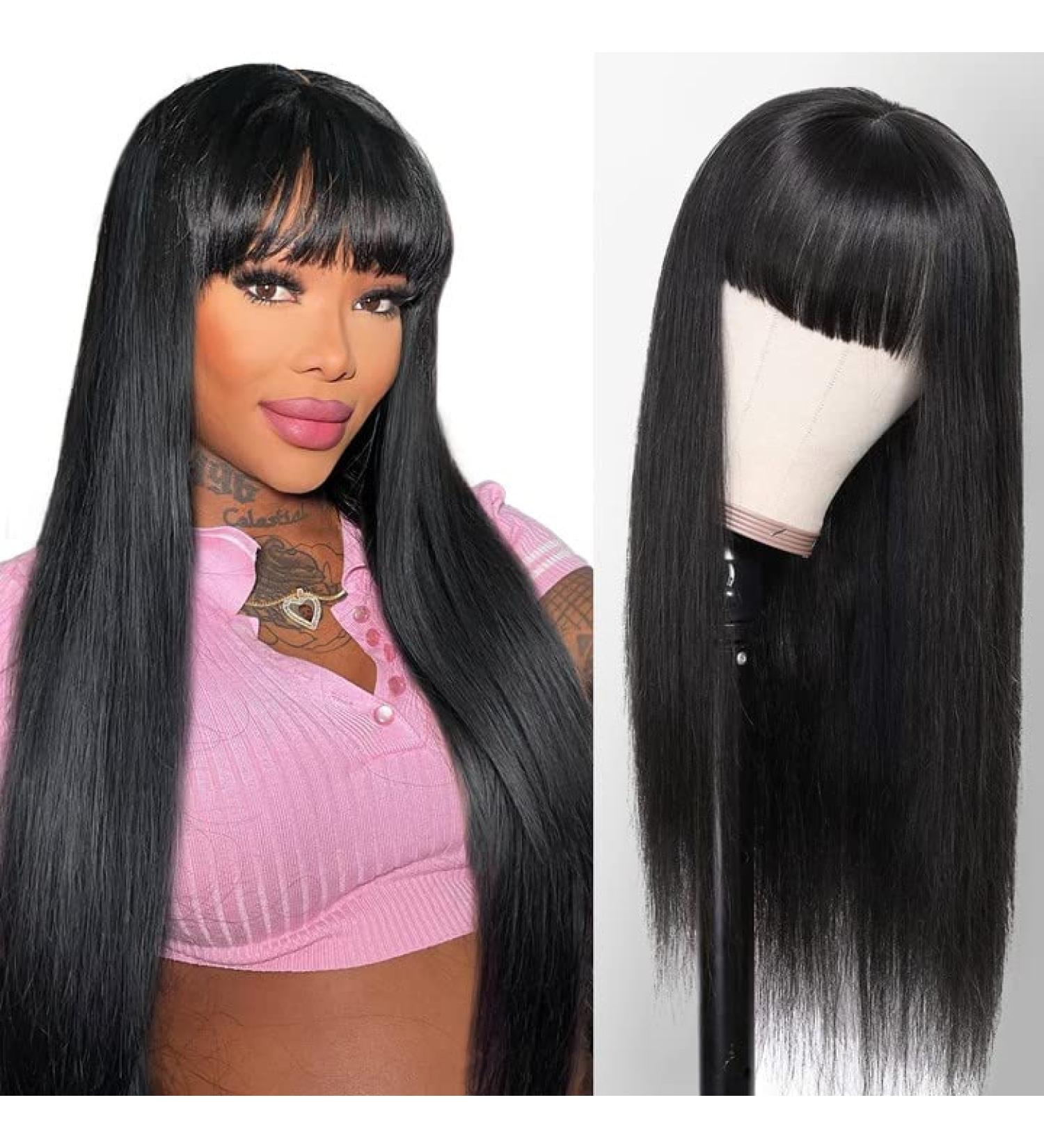 ALIPOP 18 Brazilian Human Hair Wig with Bangs - 150% Density, Glueless Lace Overhead Wig for Women - Straight Fringe Style - Buy Online on GoSupps.com