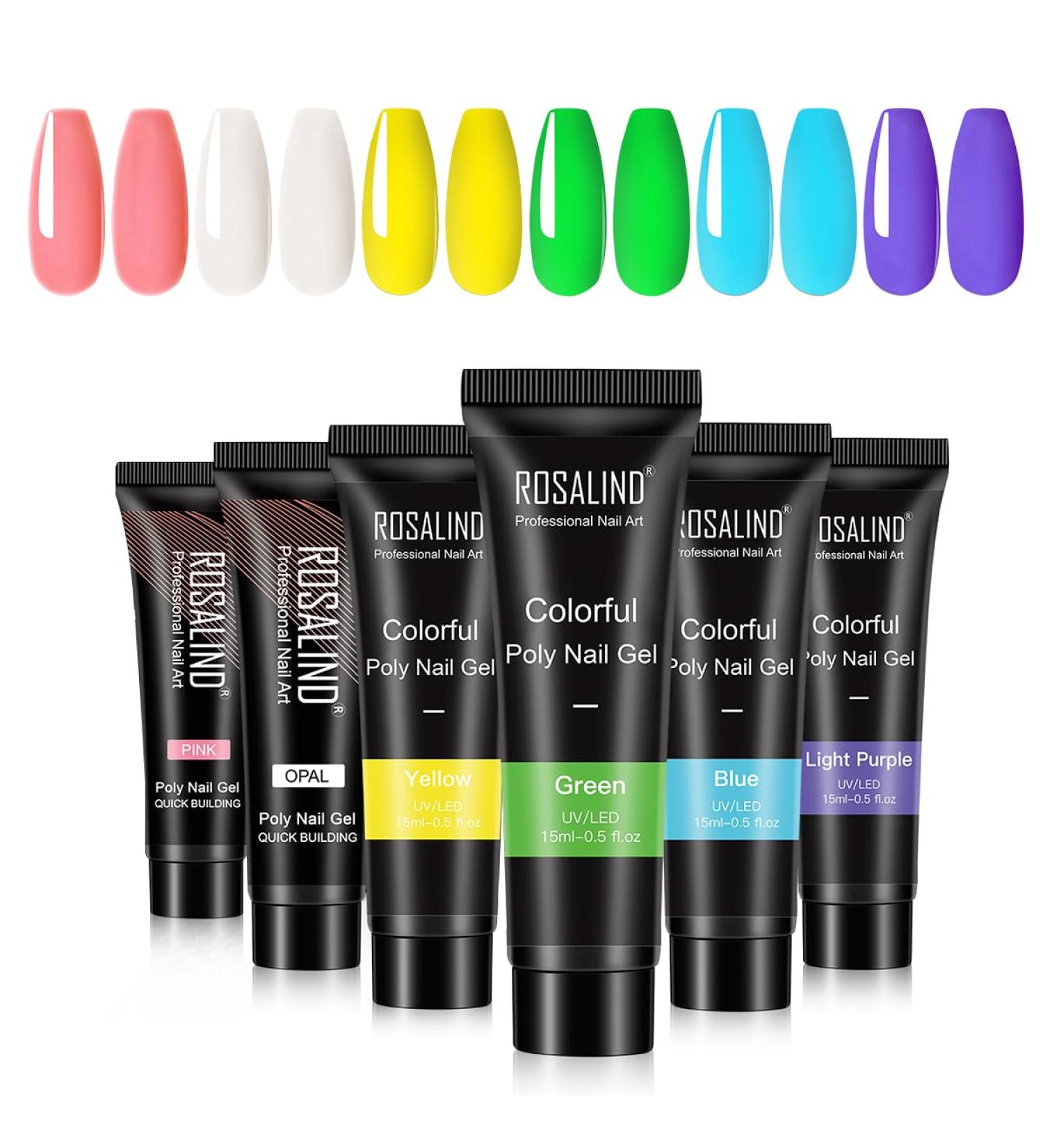 ROSALIND Neon Poly Nail Gel Kit 6 Colors 15ml Green Yellow Blue White Pink and Purple Nail Builder Gel Extension Tubes Set for Women DIY Manicure at Home (Candy Colours) - Buy Online on GoSupps.com