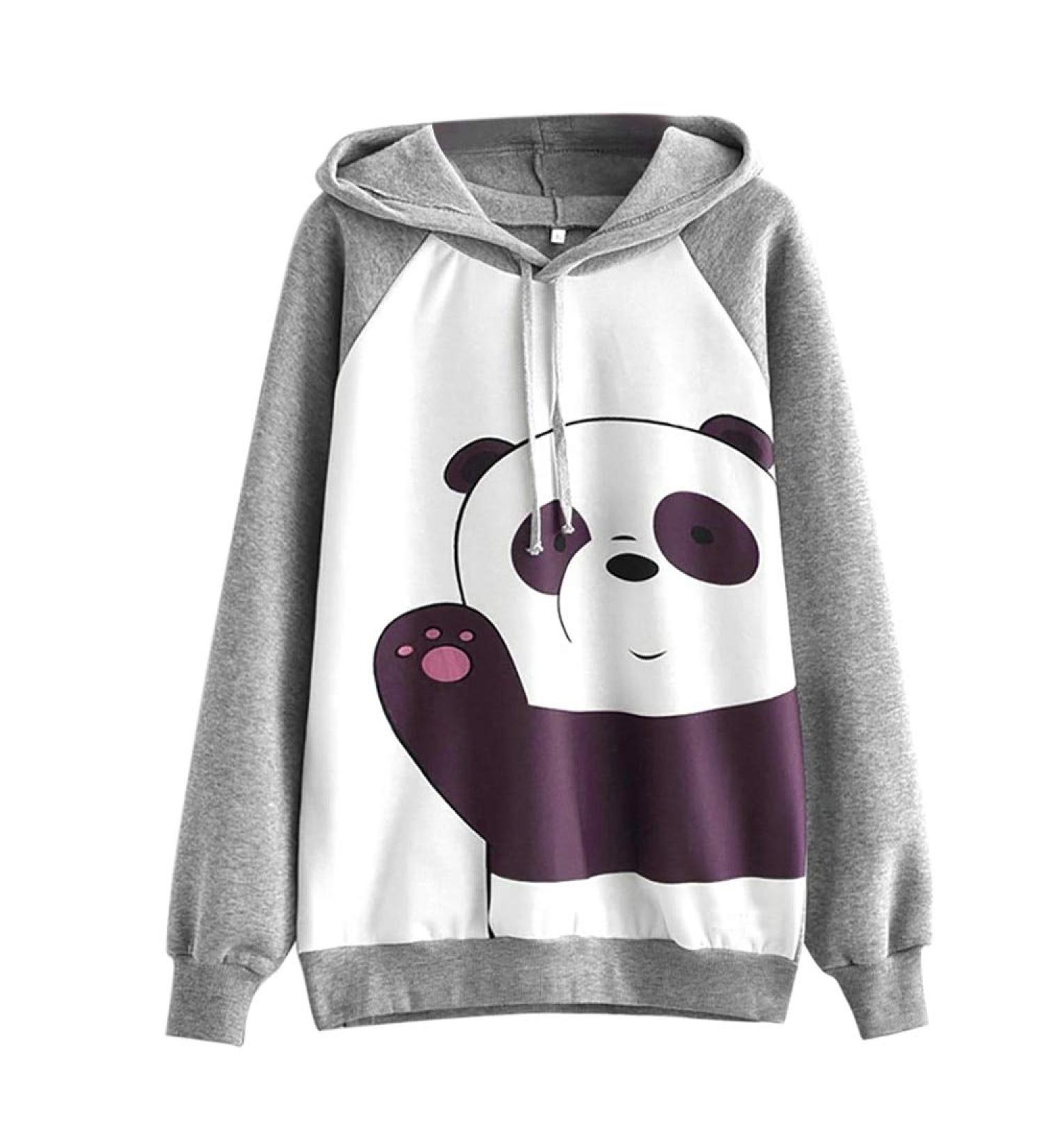 Bigfanshu Womens Cartoon Panda Print Sweatshirt Casual Simple Loose Hoodie Cute Comfortable Fresh Pullover Blouse Top Gray