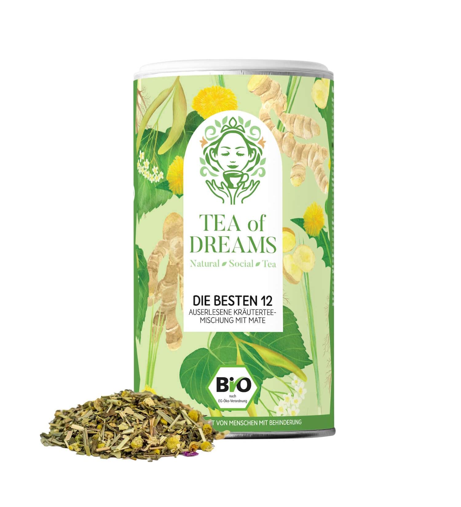  Tea of Dreams Organic "Die Besten 12" Fast Tea | Natural Herbal Tea Blend with 12 Ingredients and Mate | Loose Tea | 45g - Buy Online on GoSupps.com