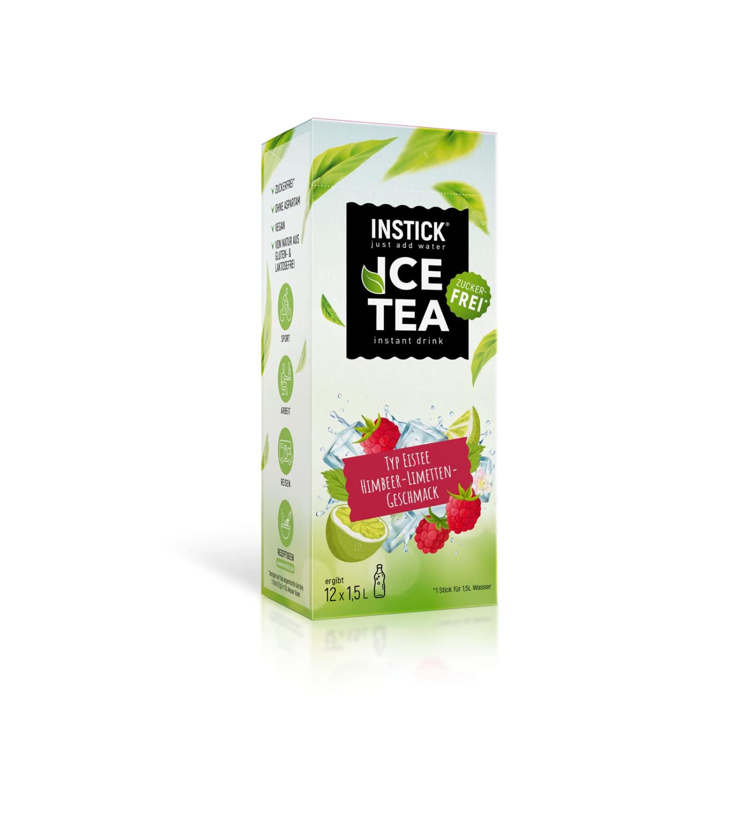 Intick Ice Tea - Sugar-Free Instant Raspberry & Lime Drink Powder | Vegan Low-Calorie Black Tea Mix | 1 Pack (12 x 1.5-2.5L) with Vitamin C - Buy Online on GoSupps.com