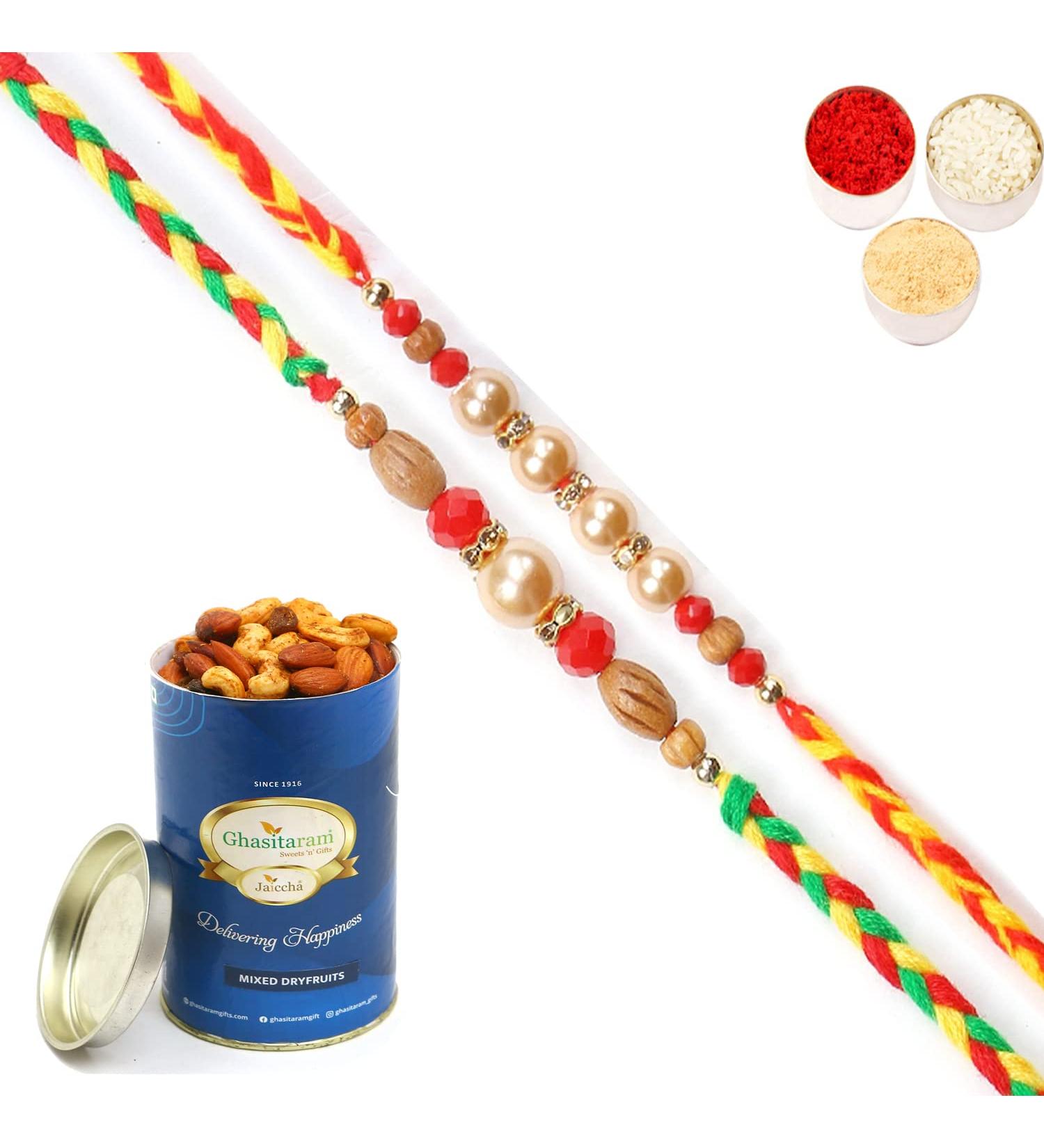 Ghasitaram Gifts Rakhi for Brother Rakhis Online - Set of 2 6431 6432 Pearl Rakhis with 100 GMS of Dryfruits Mix Can - Buy Online on GoSupps.com
