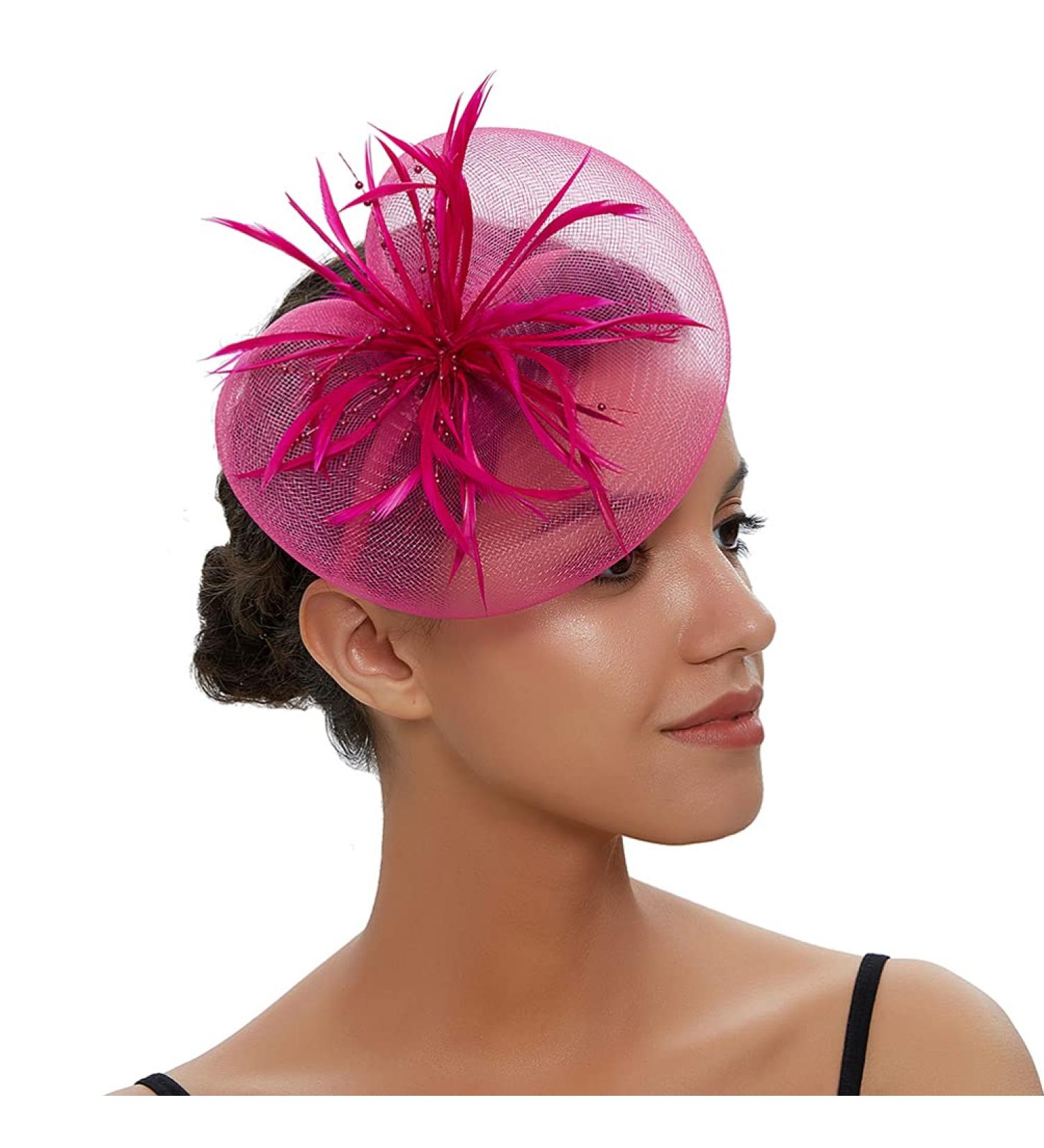 Elegant Rosy Fascinator Hat with Feather & Net | Derby Tea Party Headwear for Women & Girls - Perfect Wedding Accessory - Buy Online on GoSupps.com