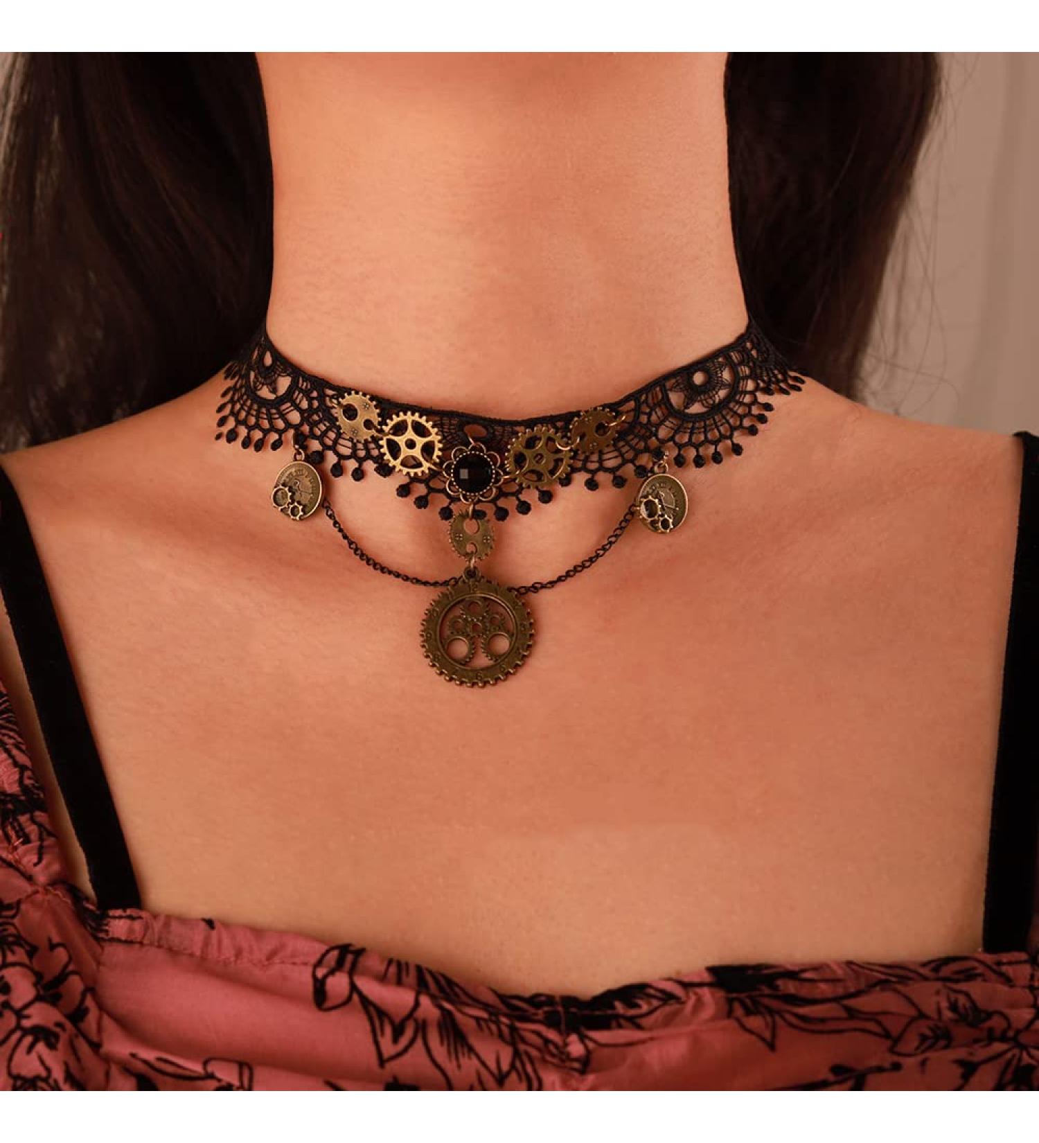 Steampunk Black Lace Necklace with Gear Clock Pendant - Vintage Gothic Jewelry for Women & Girls | Perfect for Parties & Weddings - Buy Online on GoSupps.com