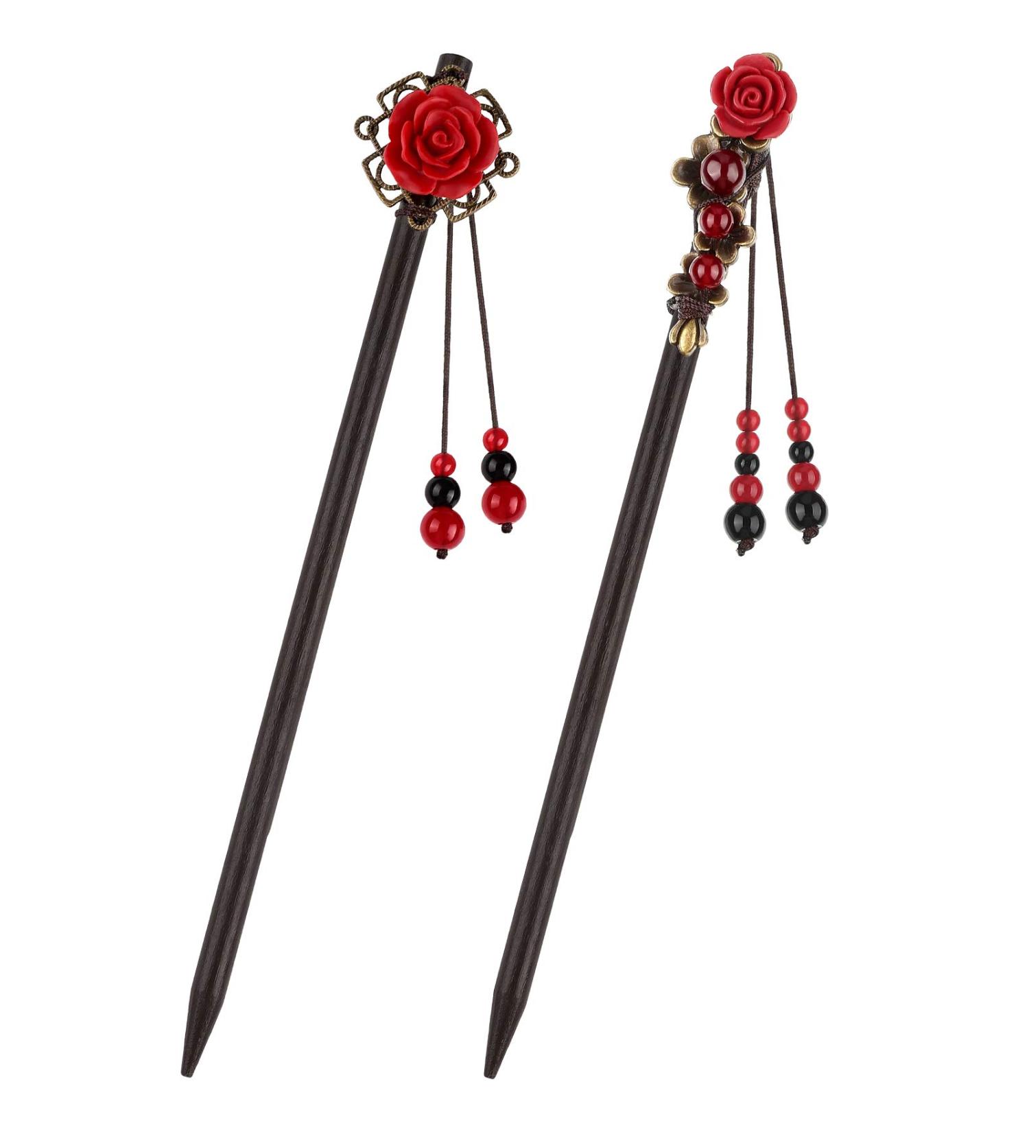Retro Wooden Flower Hair Chopsticks - Set of 2 | Handmade Japanese Chinese Hair Stick for Long Hair - Buy Online on GoSupps.com