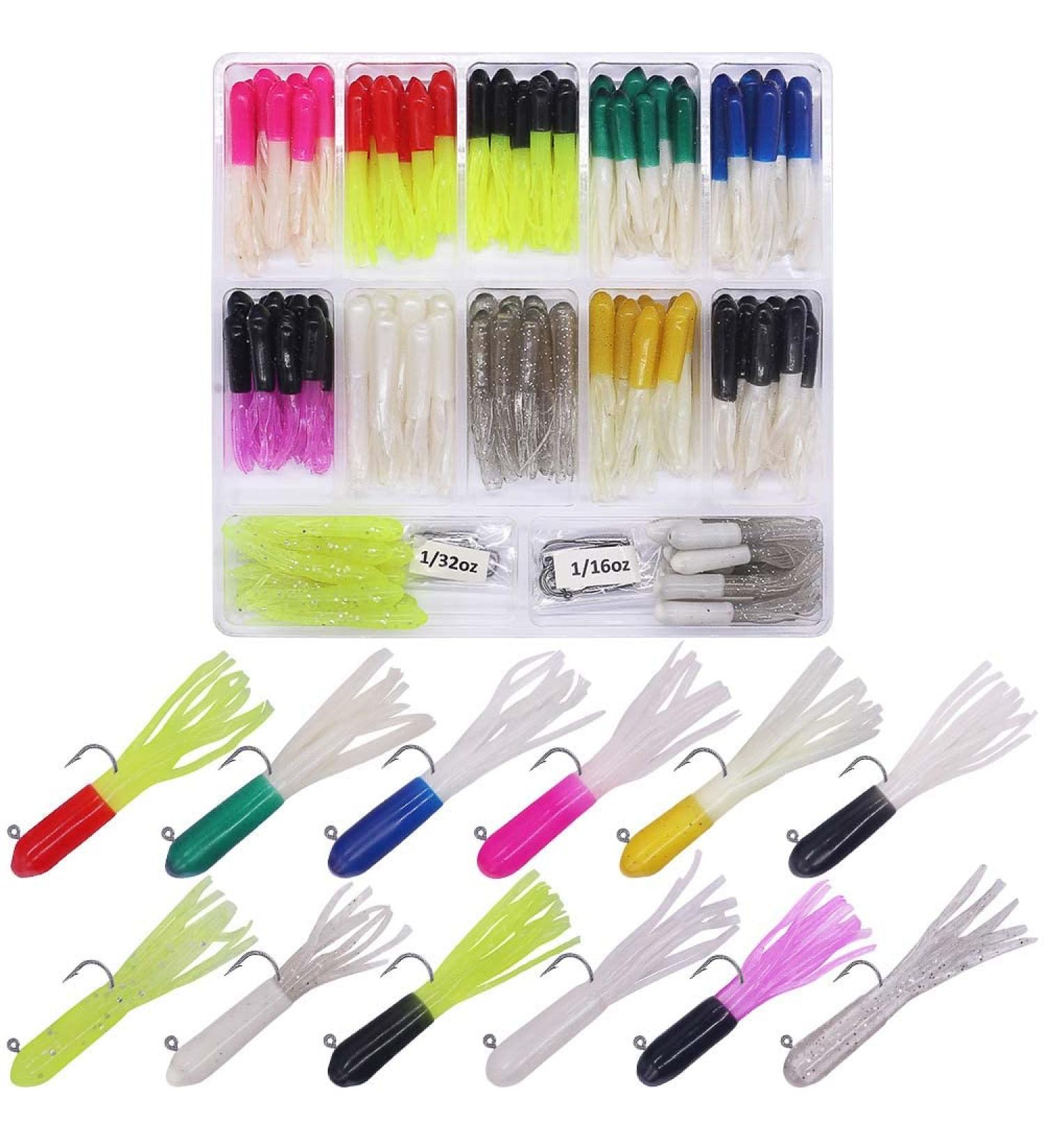 Crappie and Panfish Tube Bait Lure Kit - 130 Piece Set for Freshwater Fishing - Soft Plastic Worm Baits for Trout and Bluegill - Includes 120 Bodies and 10 Jigheads - Buy Online on GoSupps.com
