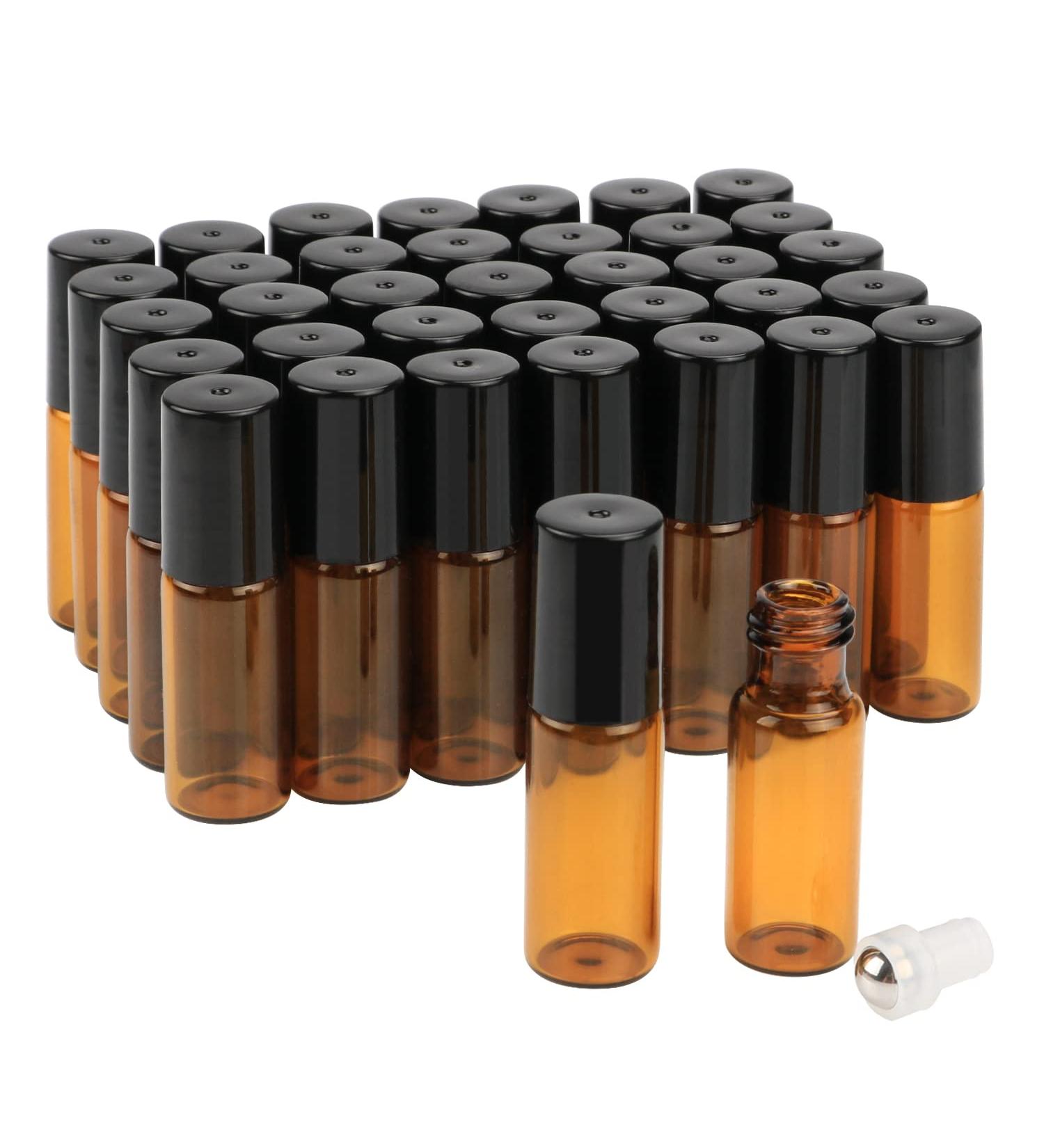 Amber Glass Roll Bottles 5ml - 35 Pack with Stainless Steel Roller Balls & Black Lids - Ideal for Essential Oils Aromatherapy Perfumes & Lip Balm - Buy Online on GoSupps.com