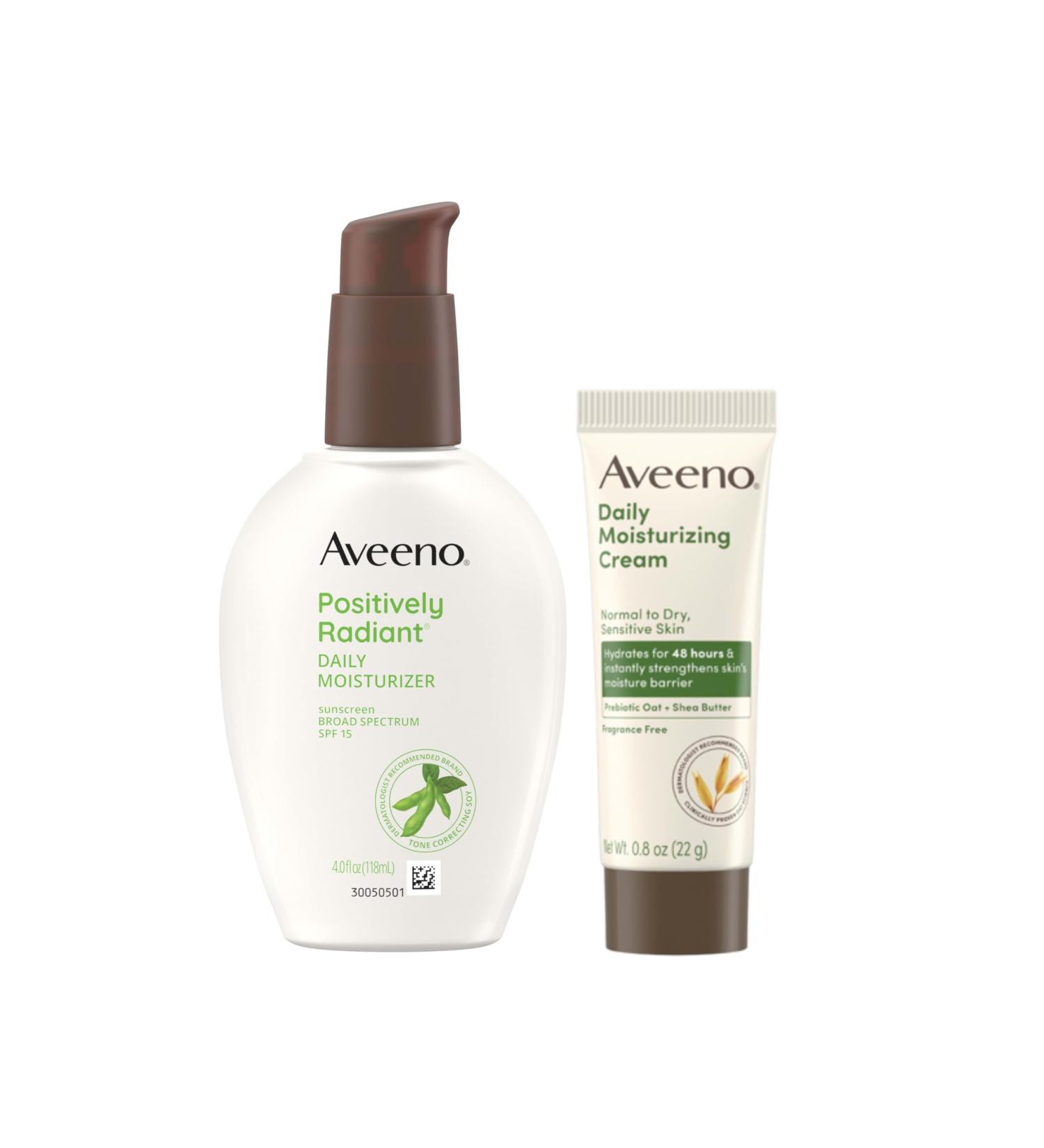 Aveeno Skincare Bundle Positively Radiant Daily SPF 15 Facial Sunscreen Moisturizer + Soy 4 fl. oz & Travel Size Daily Moisturizing Cream for Body Face & Hands 0.8 oz Two Pack 2 Items - Buy Online on GoSupps.com