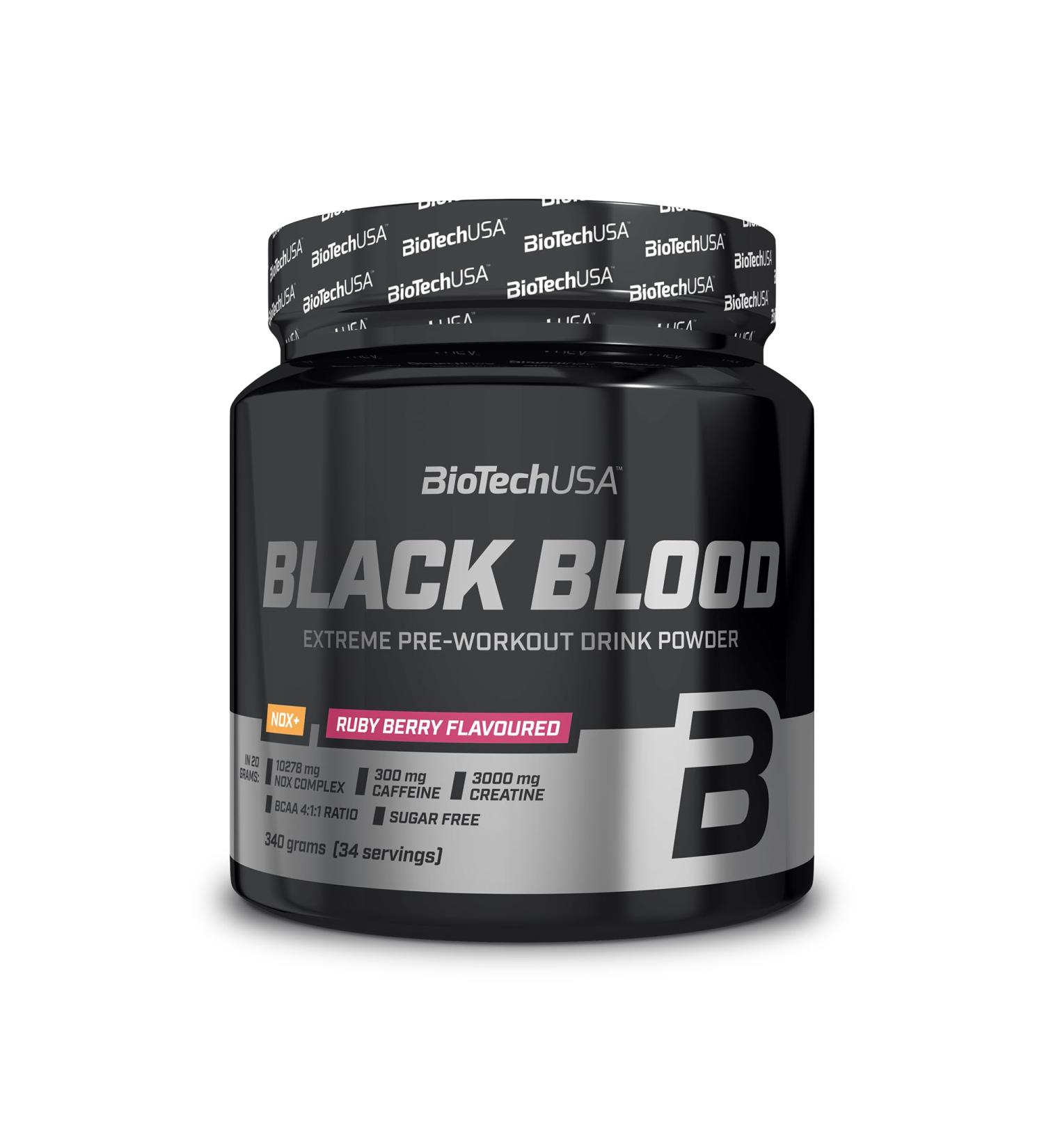BioTechUSA Black Blood NOX+ | Pre-Workout Formula | with Caffeine Creatine Tyrosine | Sugar Free | 12 Oz | Ruby Berry - Buy Online on GoSupps.com
